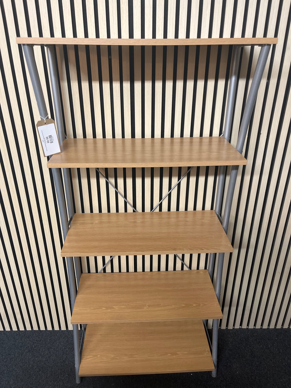 Beech and metal tall tiered open shelf unit (H 148 x W 70 x D 30 cm) 2325
