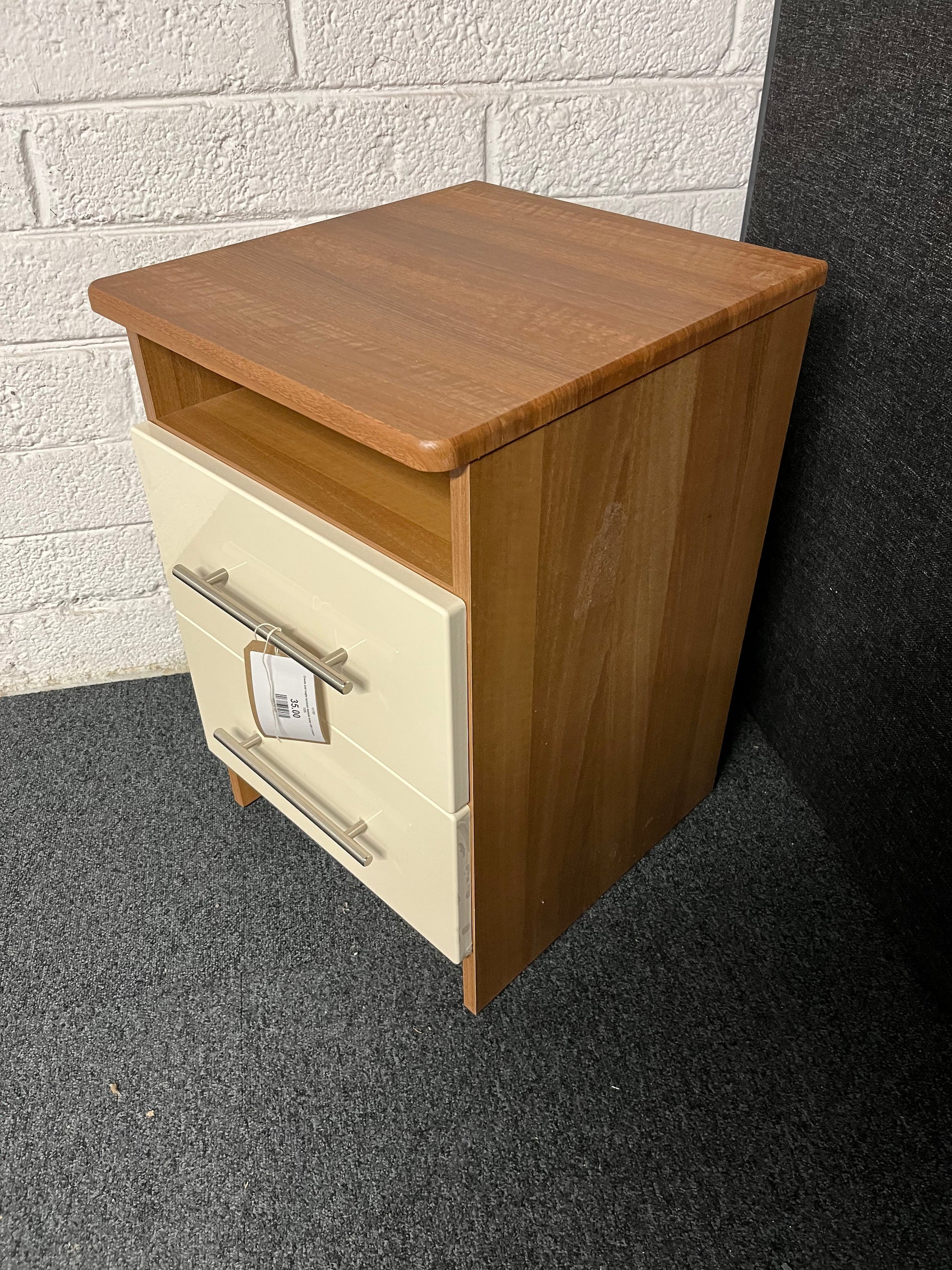 Cream and maple laminate bedside locker with 2 drawers 1225