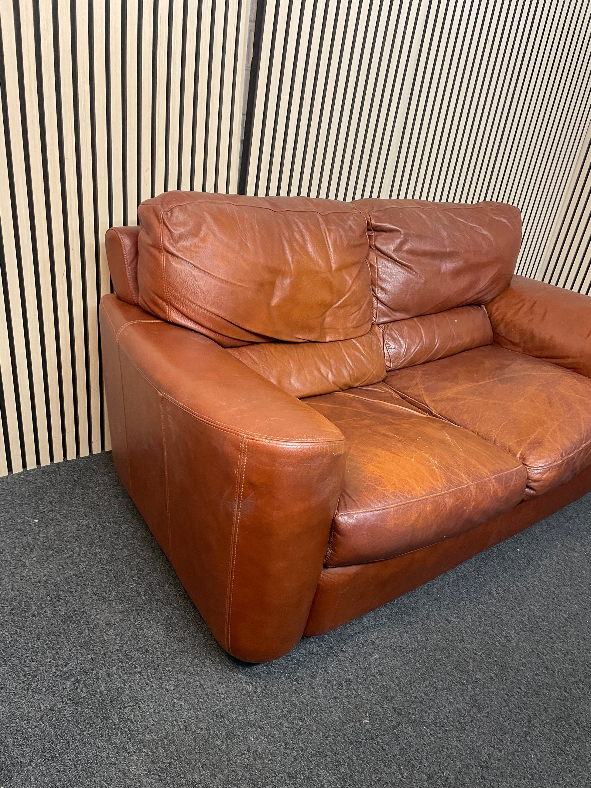 2 seater real tan leather sofa (165cm wide) 2425