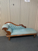 Switch Ornate solid dark wood stained chaise lounge in green pastel fabric, ideal for upholstery 2425 2 image