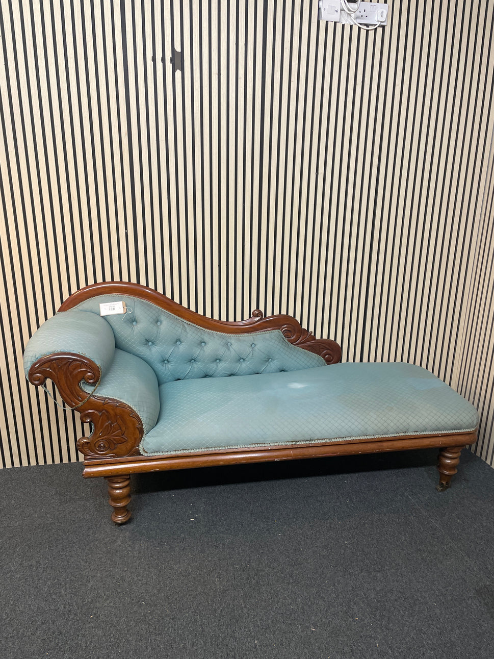 Ornate solid dark wood stained chaise lounge in green pastel fabric, ideal for upholstery 2425