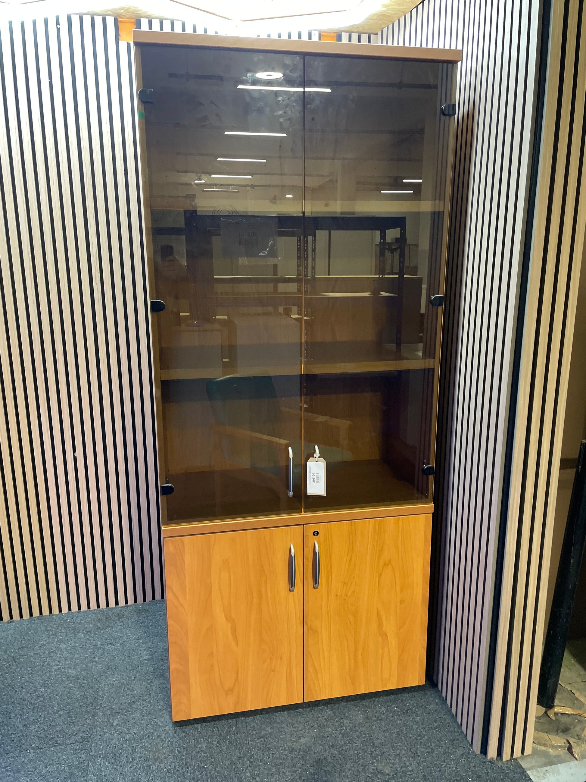 Tall 2 door smoked glass top section display unit with cherry base doors and carcass 90Wx45Dx210H