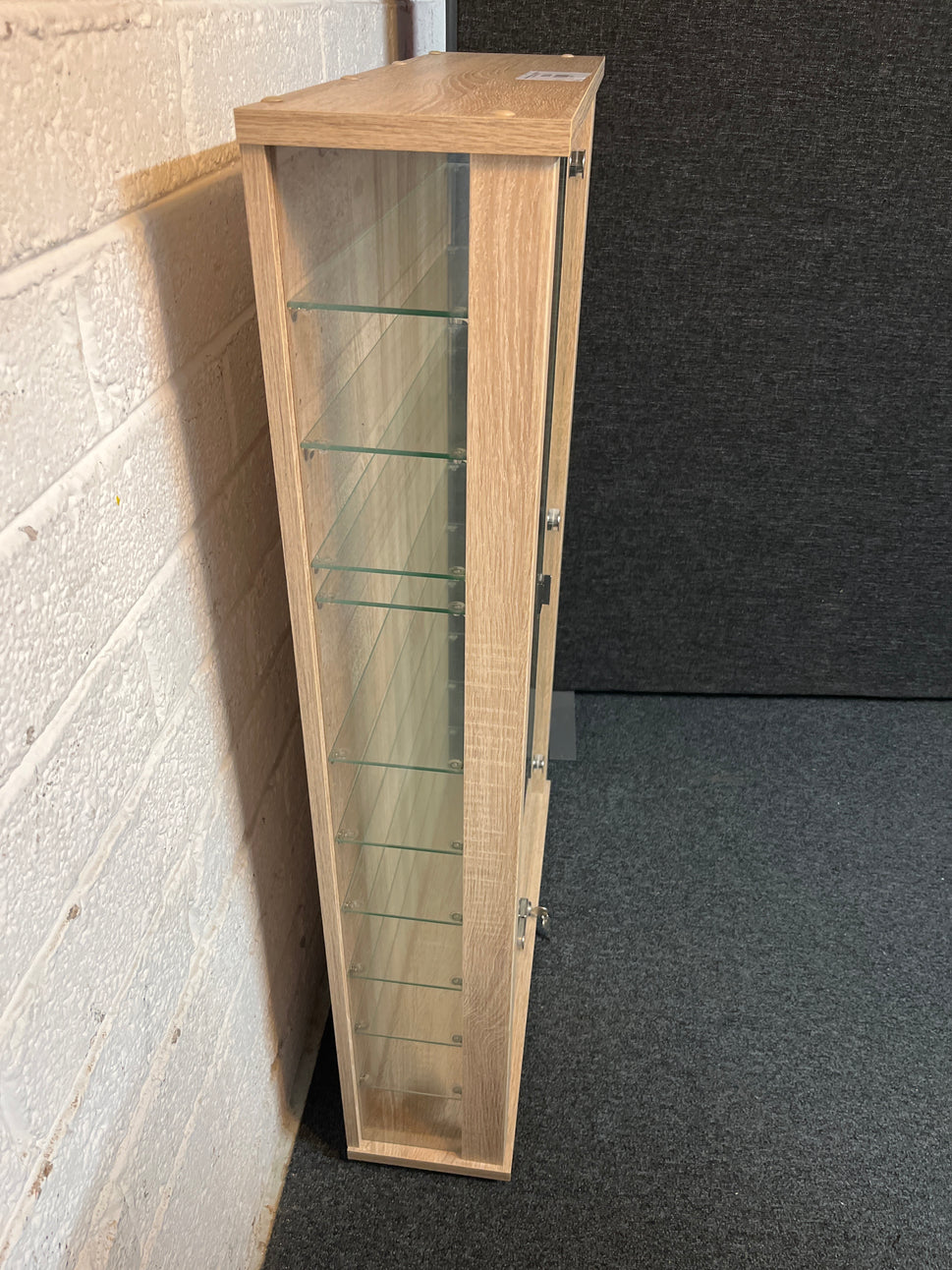 Oak laminate 2 glass door display unit with shelves and key 1100Hx670Wx195D  2225