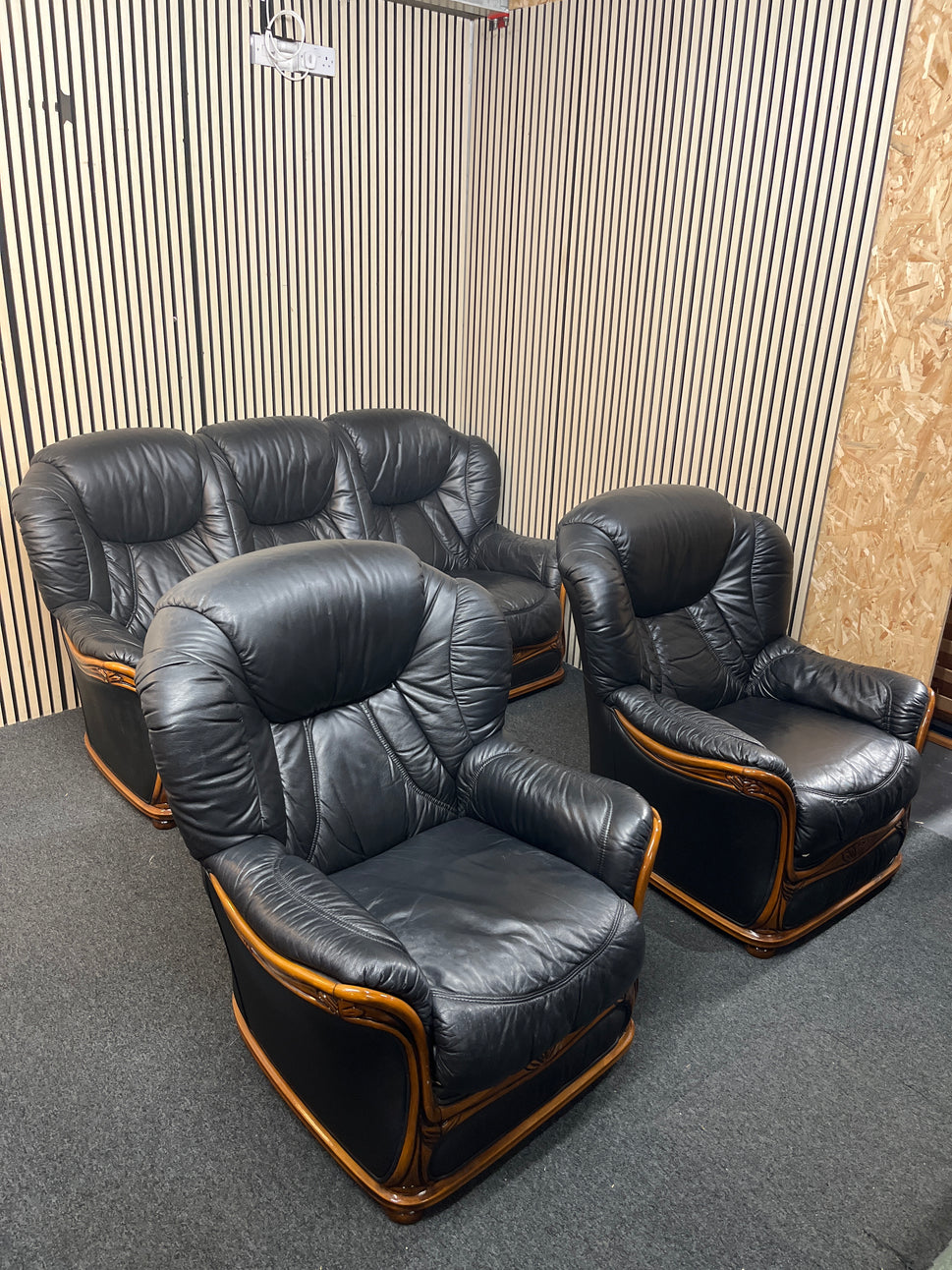 3+1+1 high back black leather suite with wood trim frame  43449