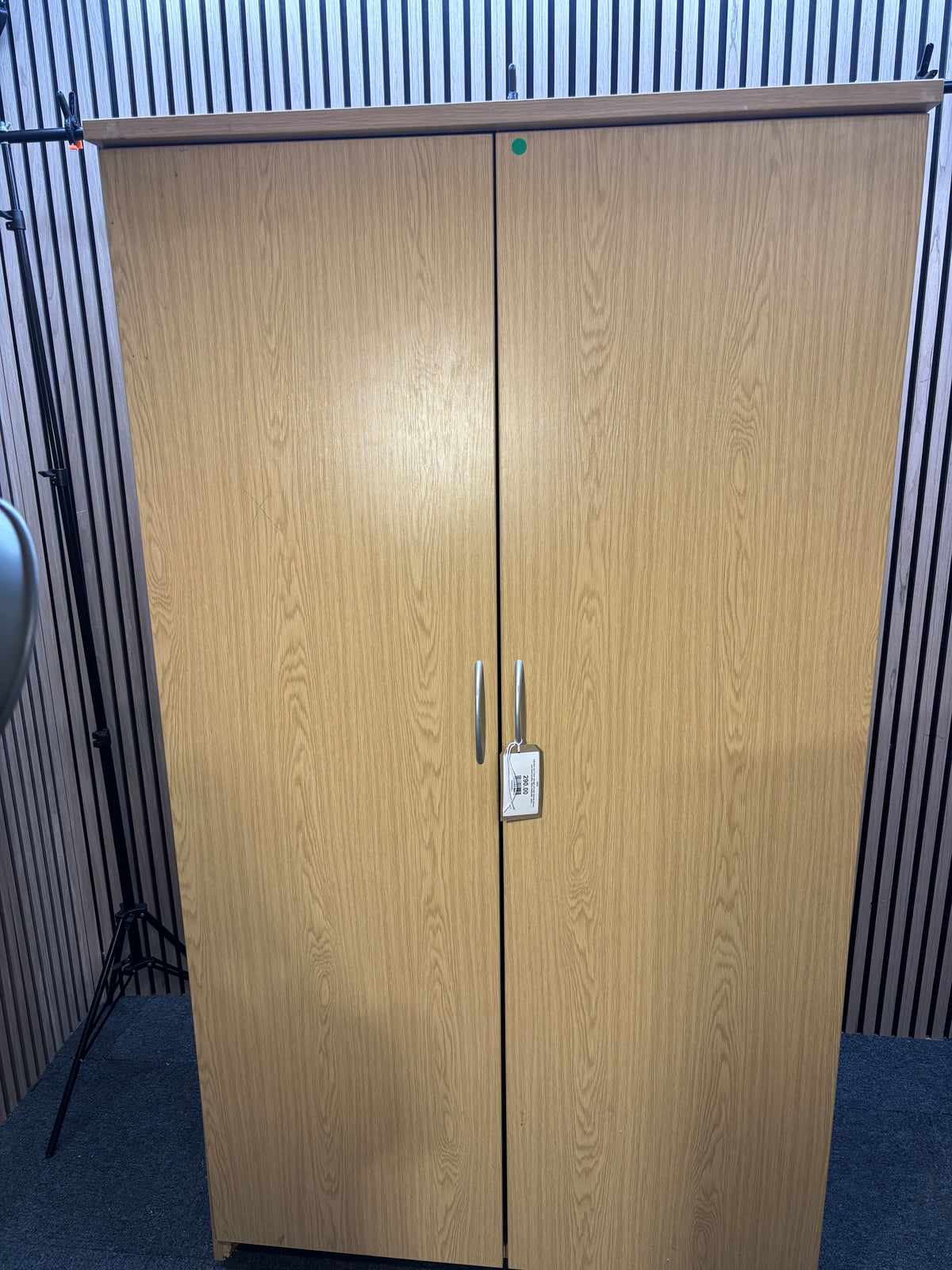 Tall dark oak 2 door storage unit with internal shelves and silver handles 189Hx106Wx60D  J3933