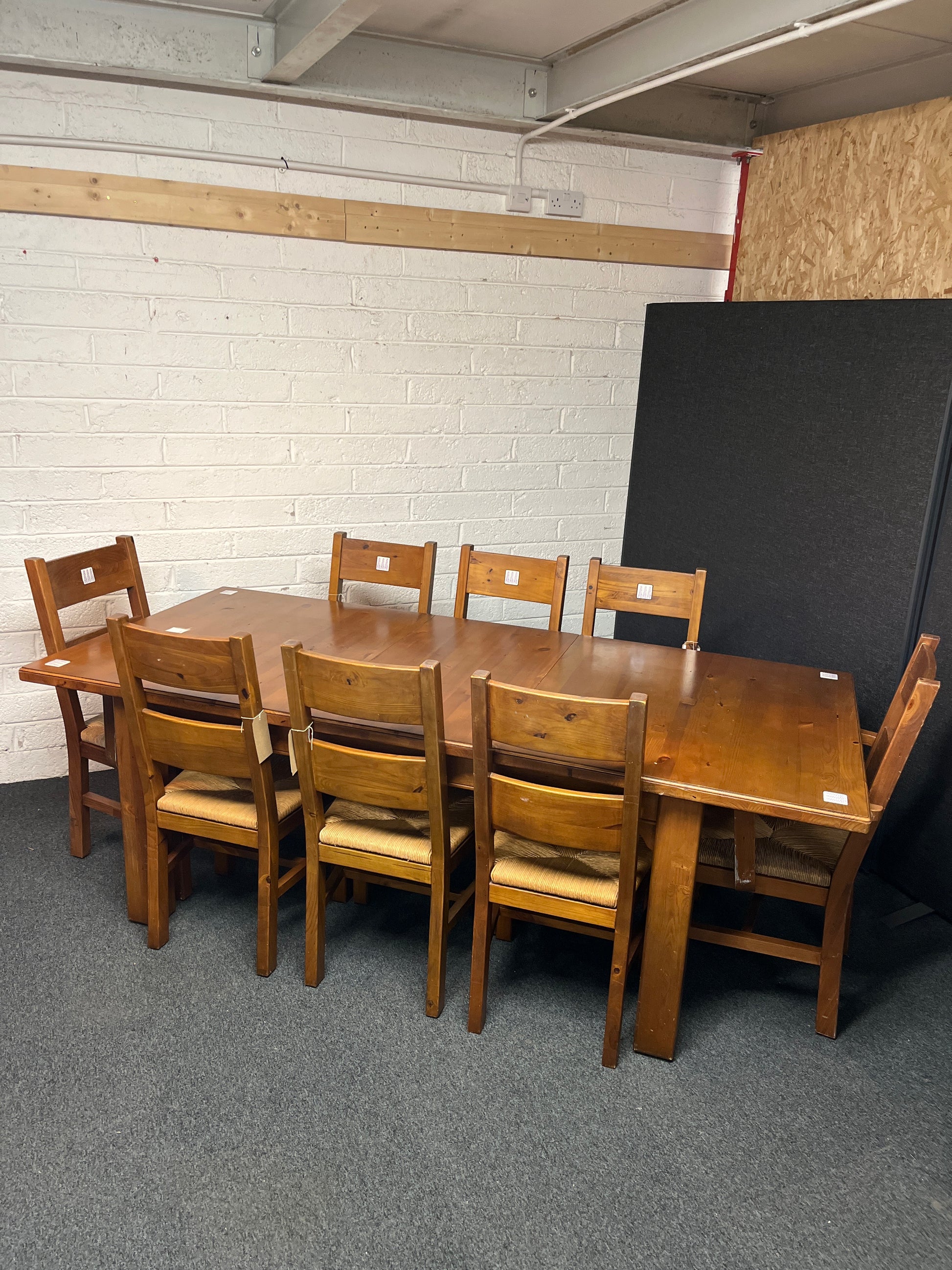 Pine extendable kitchen table (L 168 - 218 x W 100 cm) with 6 no. matching chairs with rattan seat cushion 2225