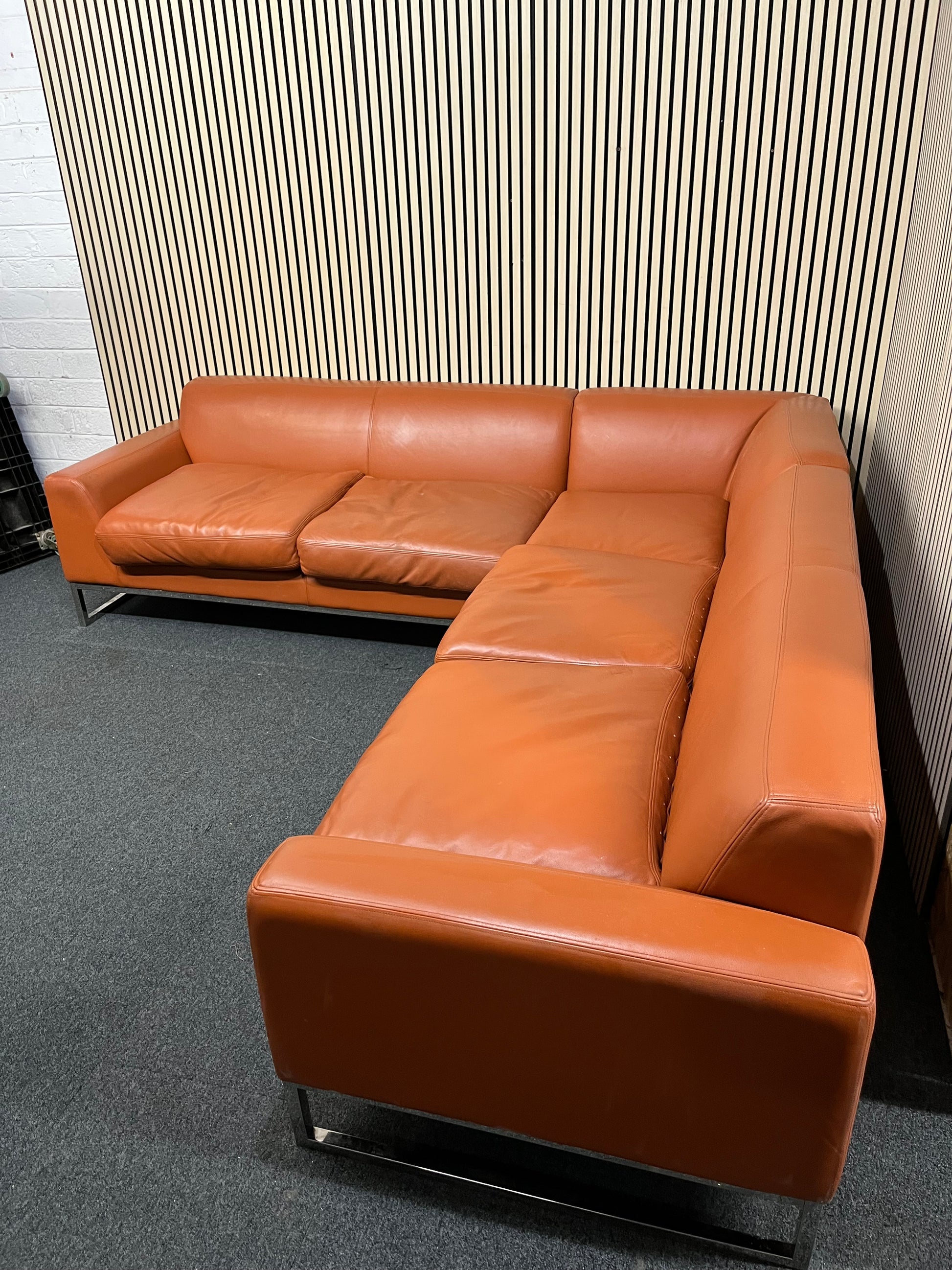 Real brown leather corner suite with silver legs (2.5 meters each side) 3325