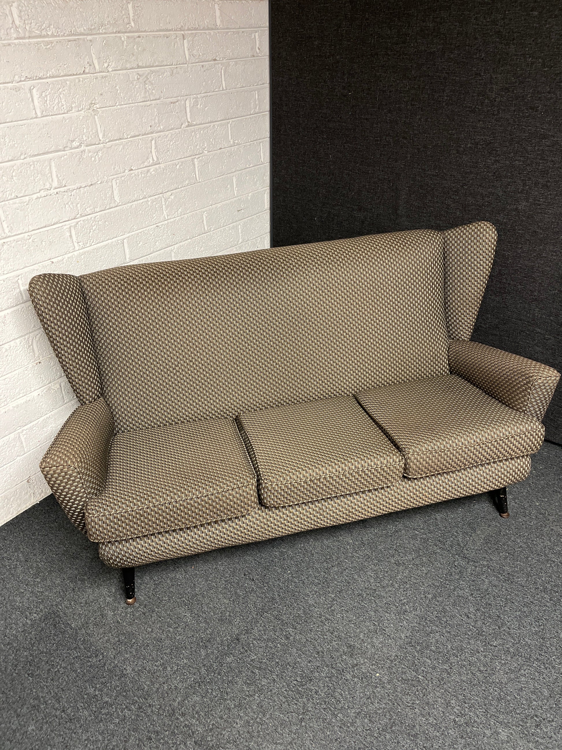 Mid century highback chequered green, dark grey and cream 3 seater sofa 1225