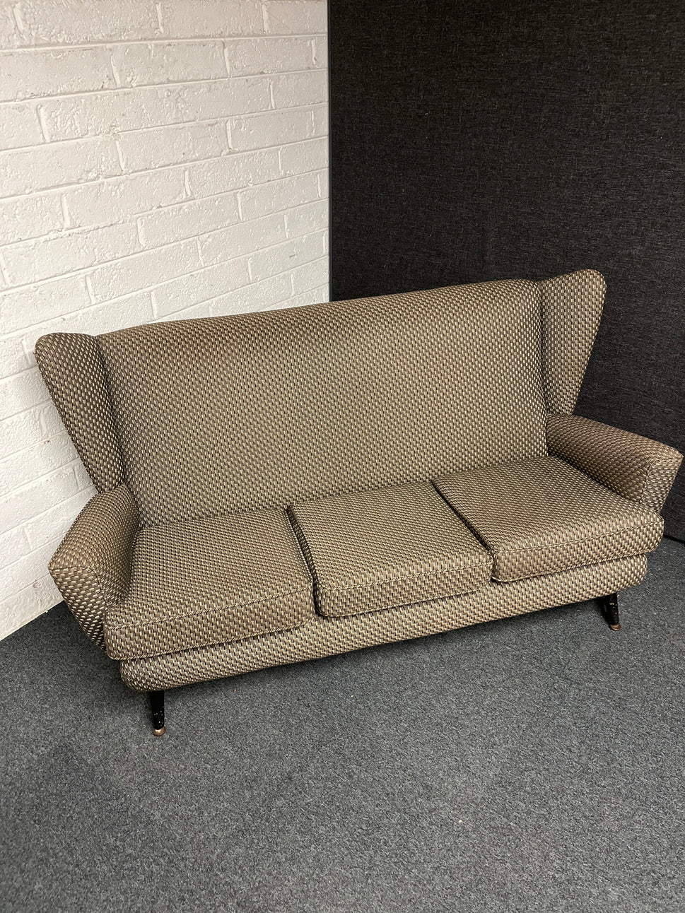 Mid century highback chequered green, dark grey and cream 3 seater sofa 1225
