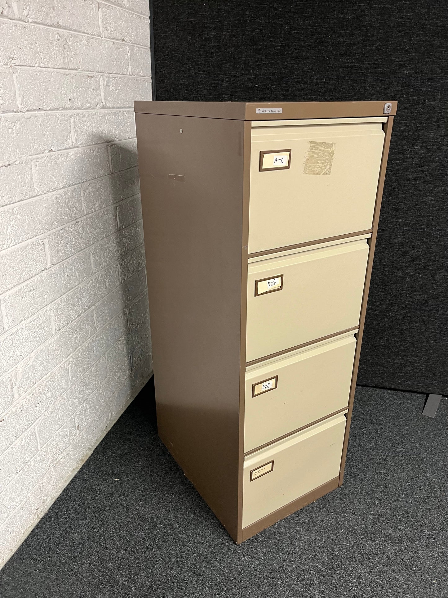 SECONDHAND Vickers Trimline coffee and cream 4 drawer filing cabinet