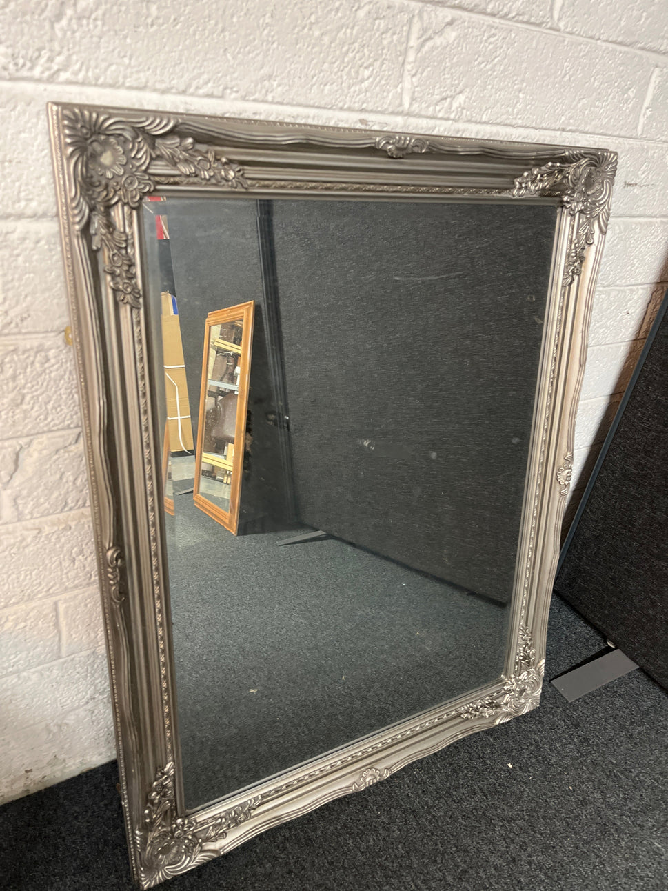 Solid wood ornate grey painted wall mirror 74Wx94H cm 2225