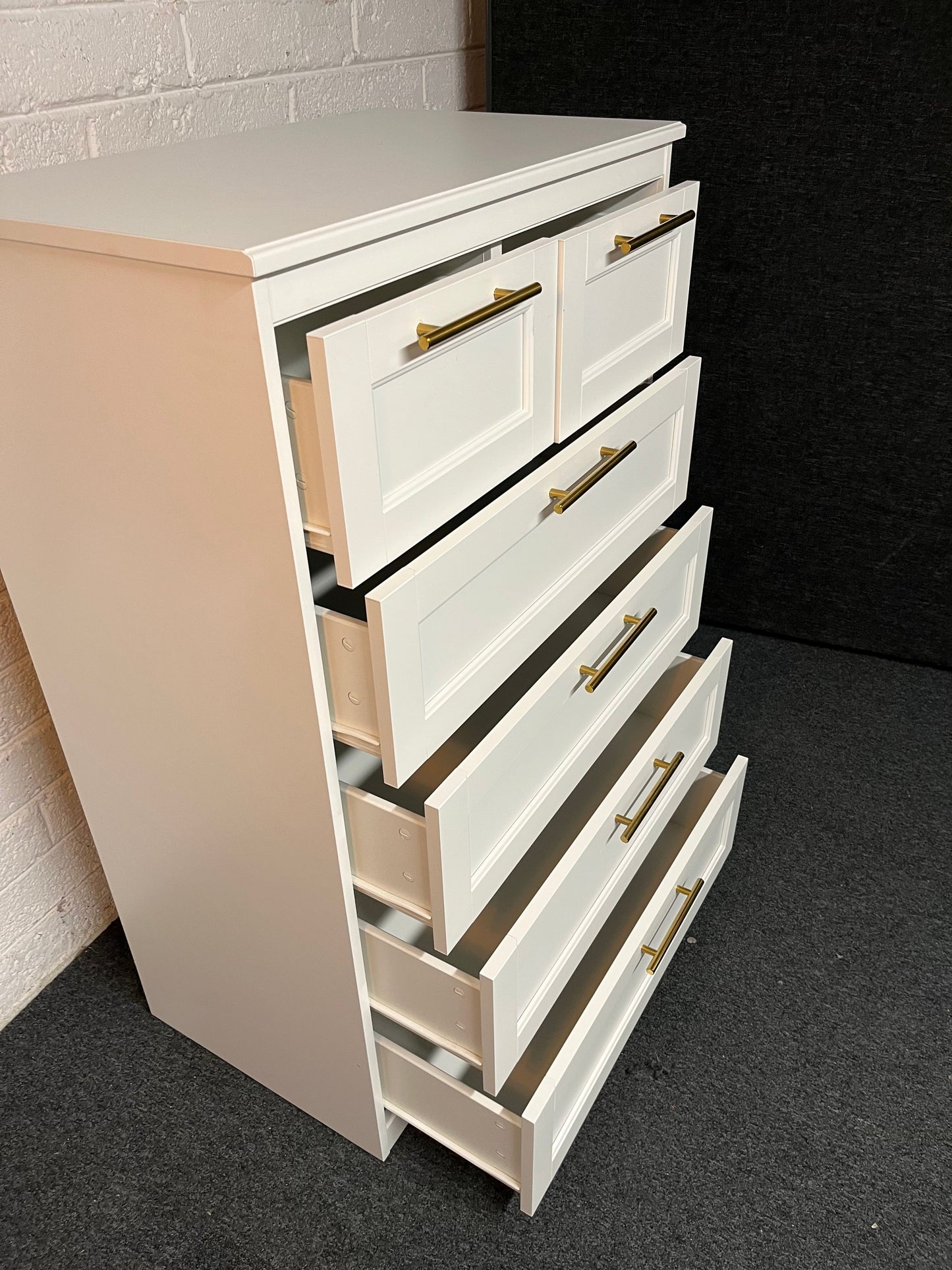 Tall 3+2 chest of drawers with gold effect handles 1600Hx810Wx500D 2225