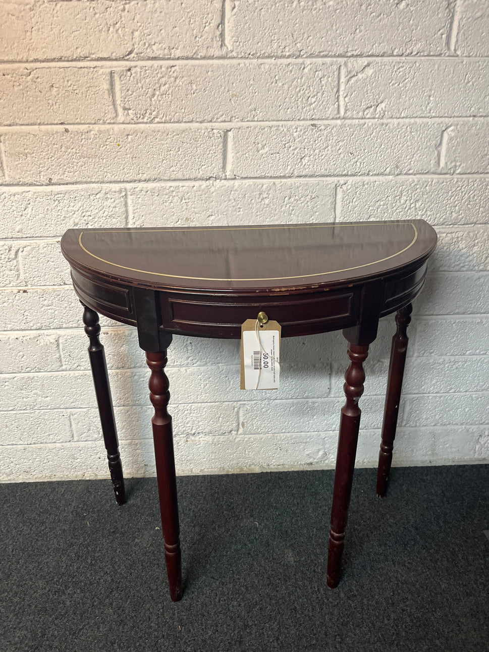 Mahogany brass inlaid half moon ornate hall table with drawer 750Wx380D 2225
