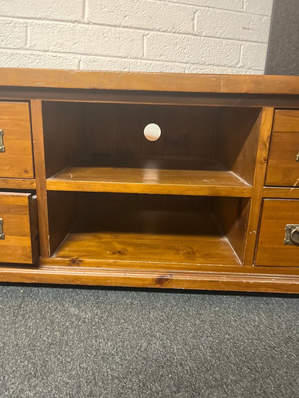Solid dark wood stained 4 drawer low long TV unit (H 56 x W 116 x D 52 cm) 2225