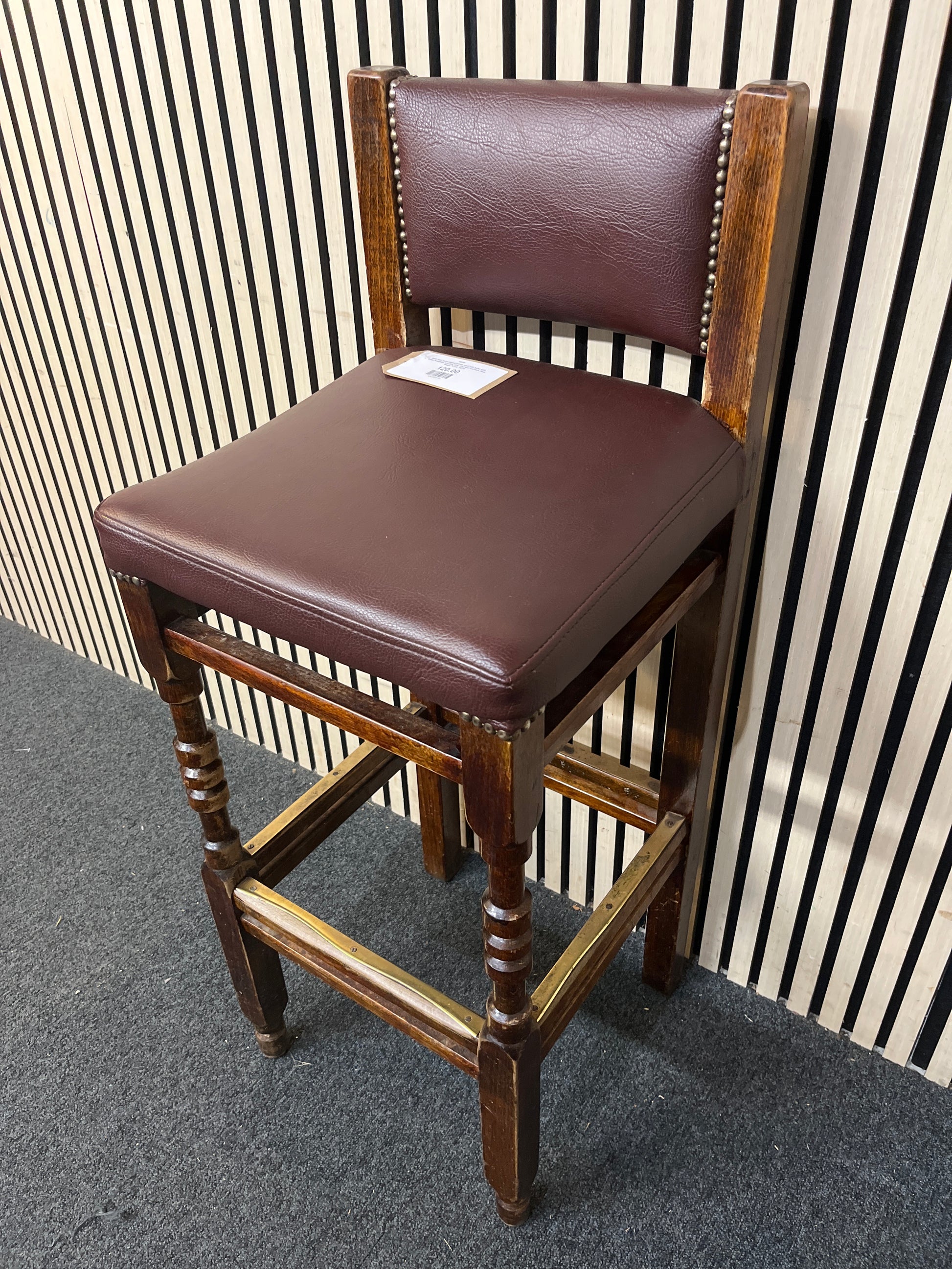 Solid dark wood stained tall bar stool with backs with brass footplates and dark wine vinyl seat and back (Seat Height 78 cm)  44238