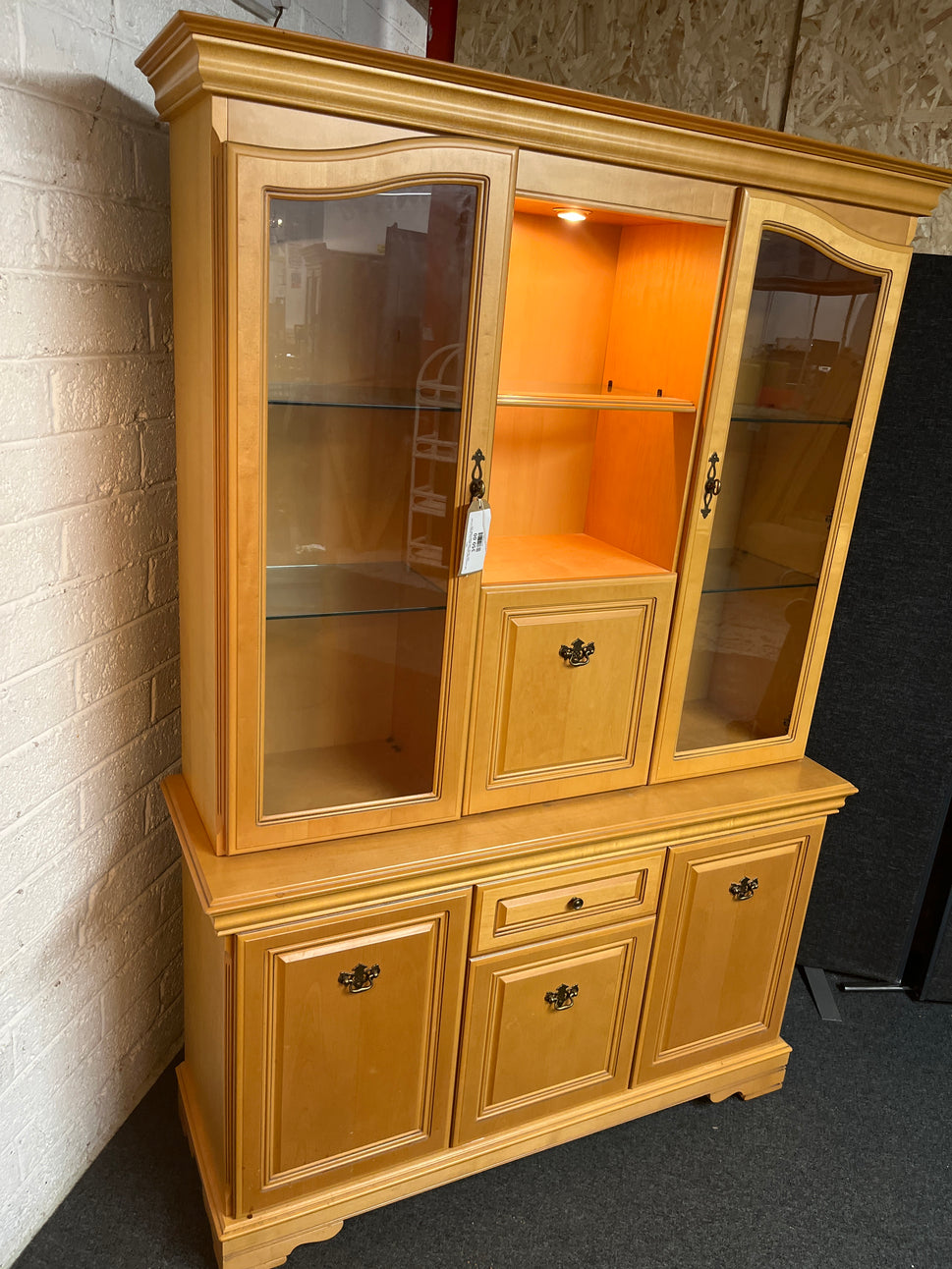 Tall rossmore light stained 2 glass door display unit with base storage 1300Lx430Dx1940H 2225