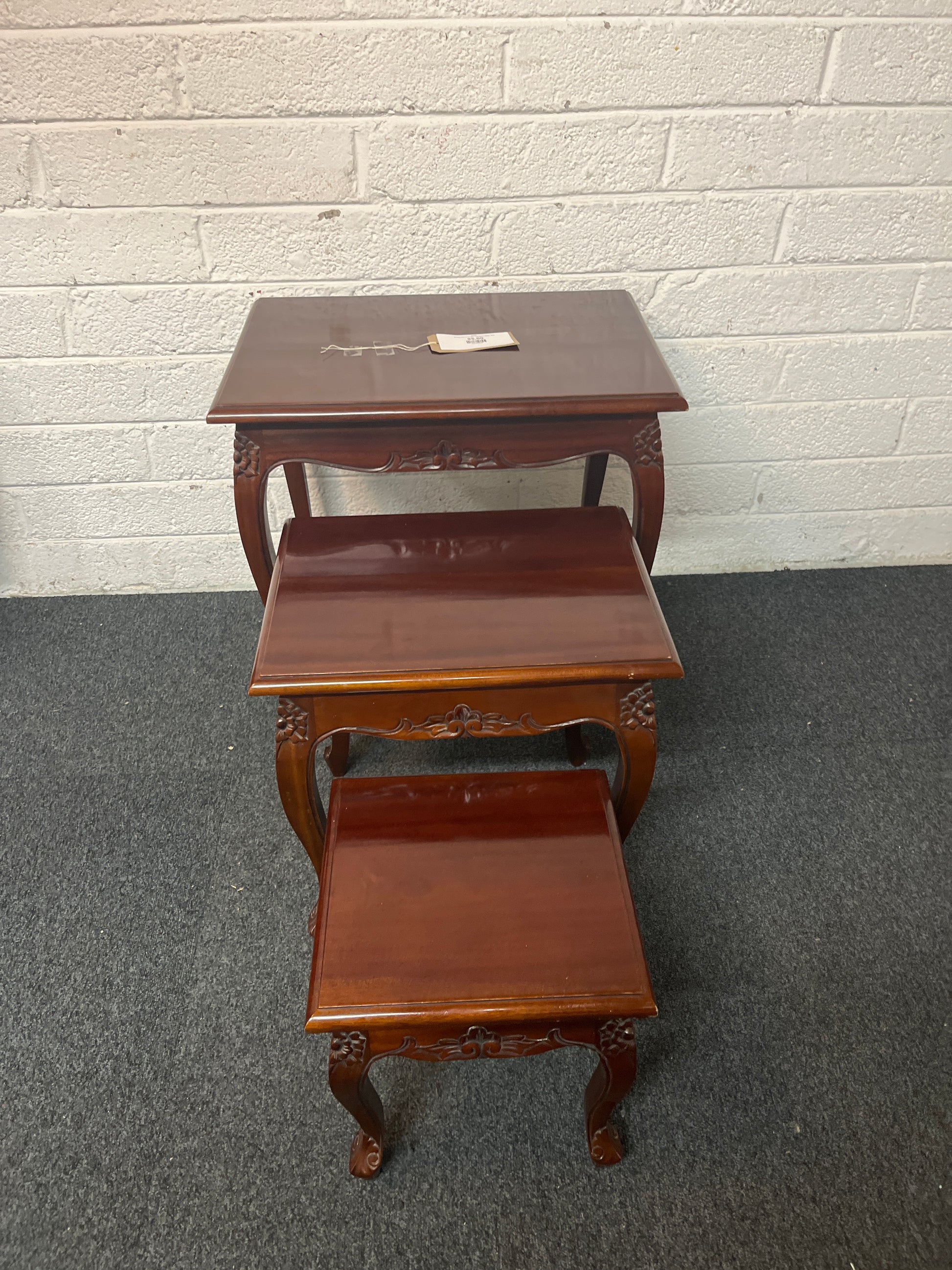 Ornate nest of 3 solid mahogany tables 3225