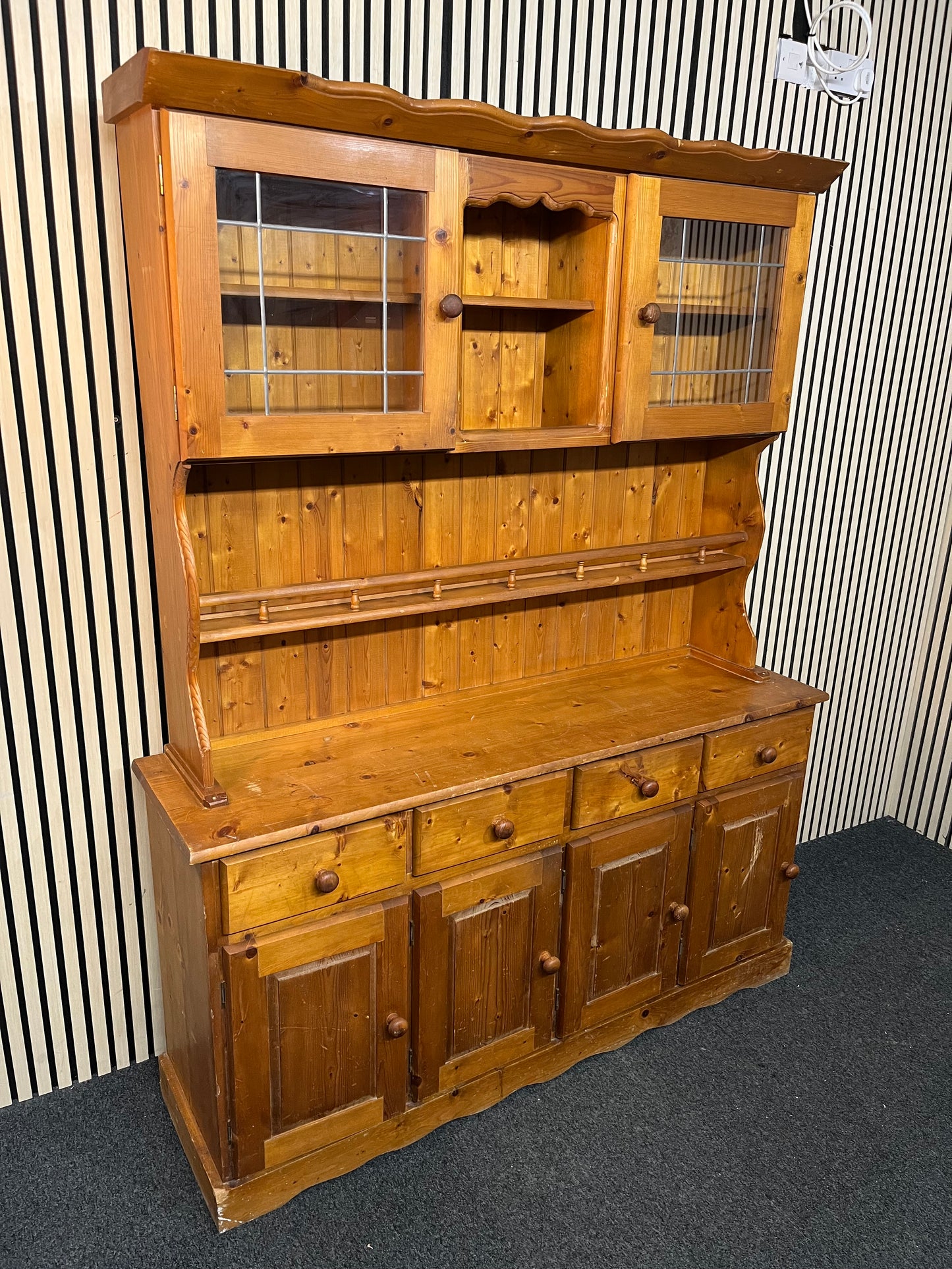Natural pine two-glass-door top open kitchen dresser with base storage (H 193 x W 151 x D 40 cm) 1126