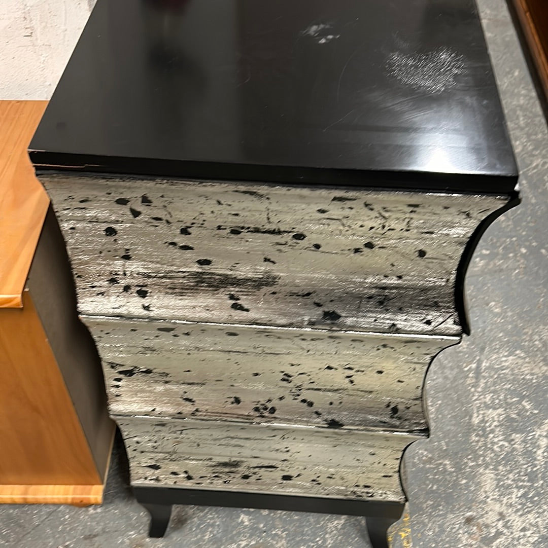 Black and silver curved front 3 drawer chest of dwrs