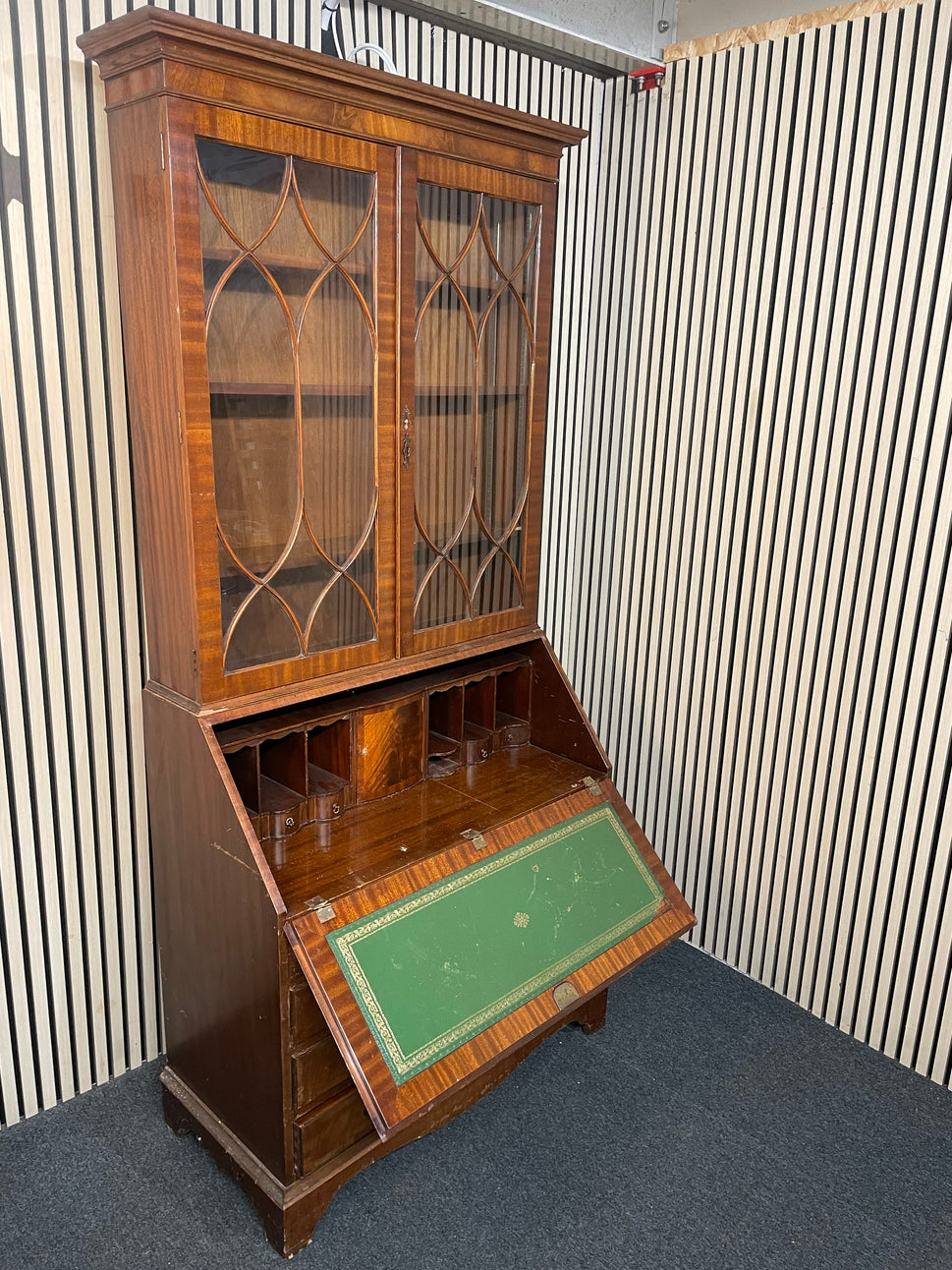 Ornate mahogany inlaid tall 2 glass door writing bureau with base drawers( H 214 x W 100 x D 43 cm) 2425