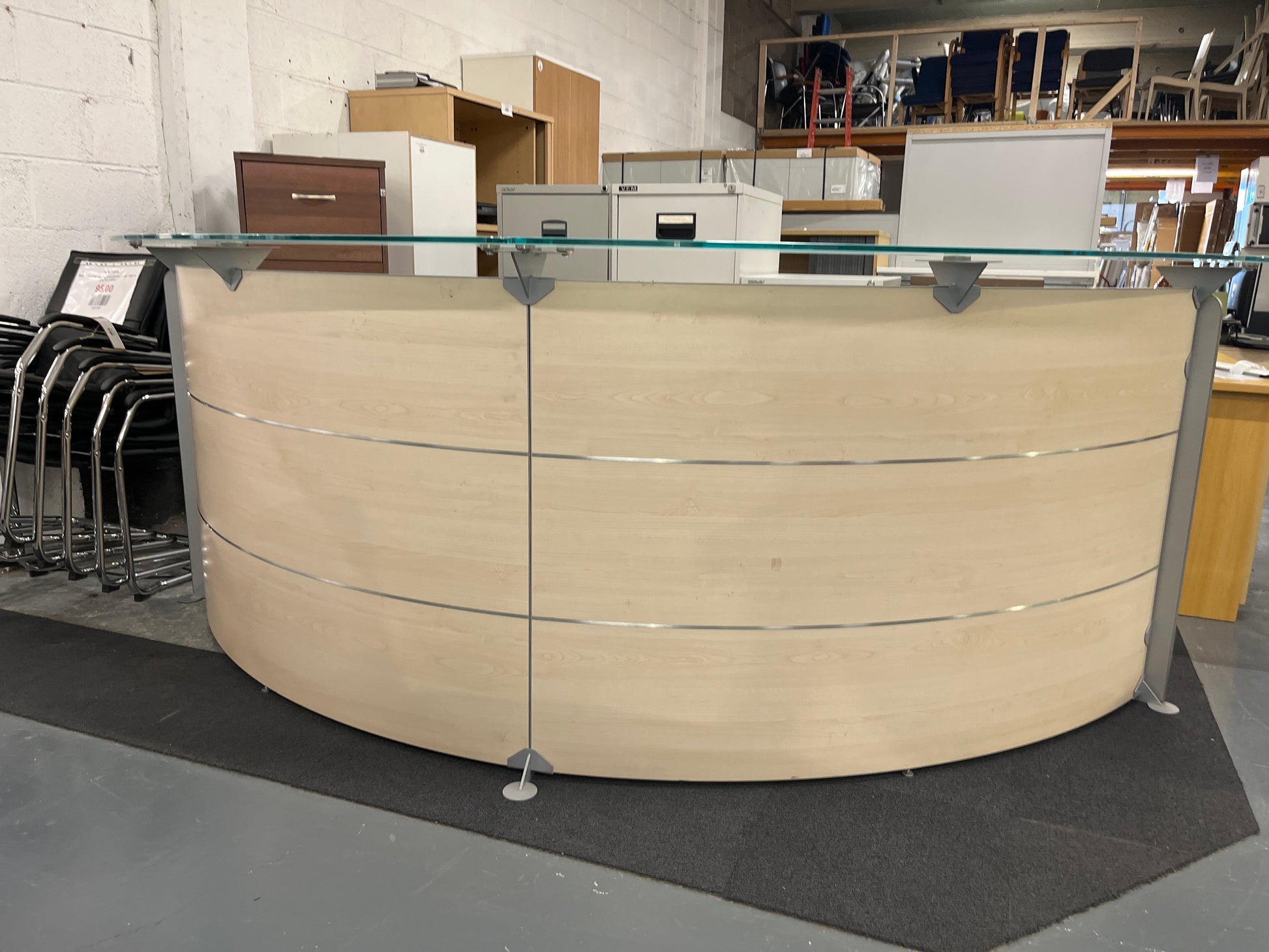 SECONDHAND  Maple laminate half moon sectional reception counter with maple worktop, toughened and frosted glass tops 
134cm from outside to centre each section