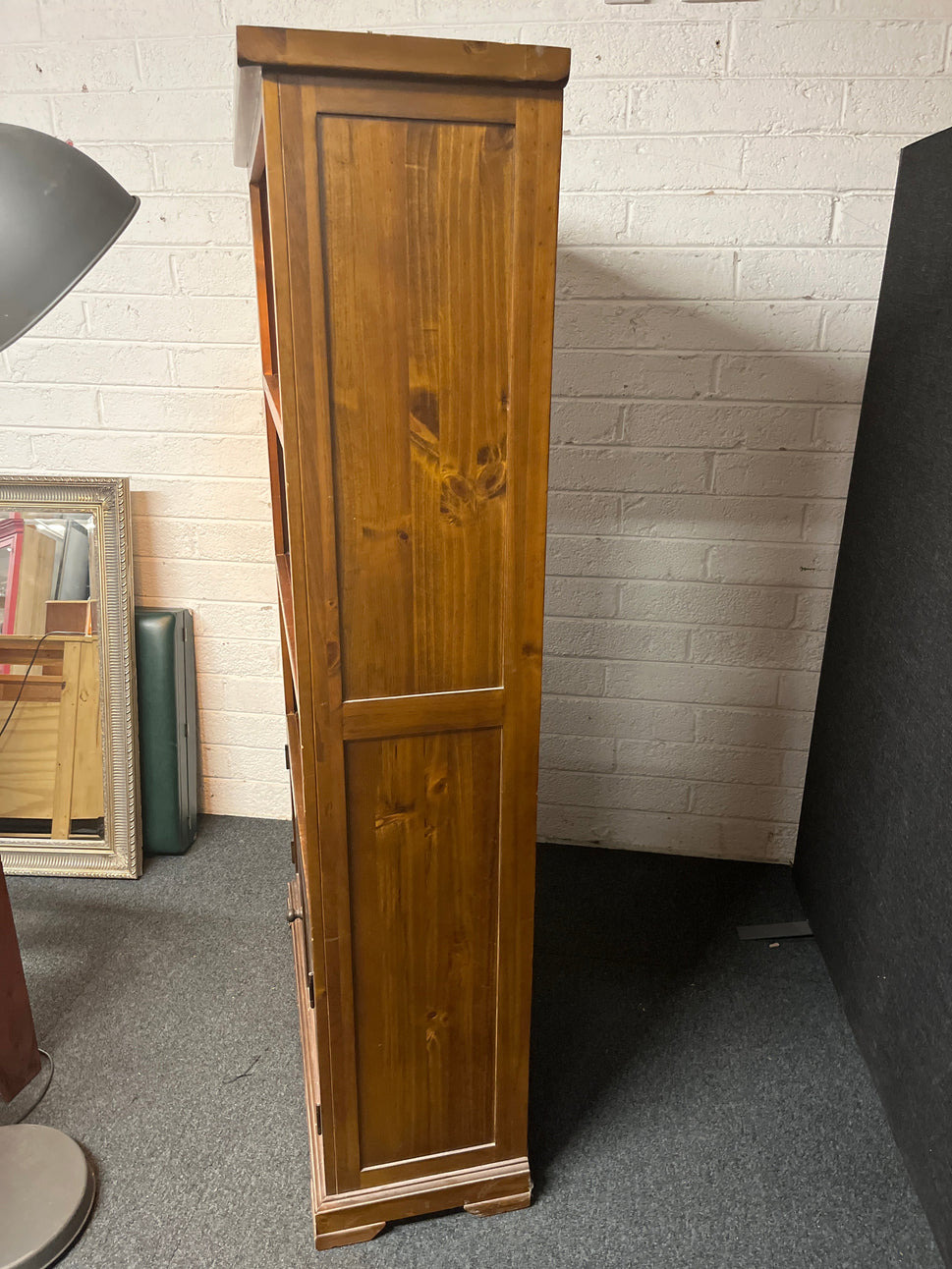 Tall solid dark wood stained top open 2 base door display unit (H 180 x W 100 x D 38 cm) 2225