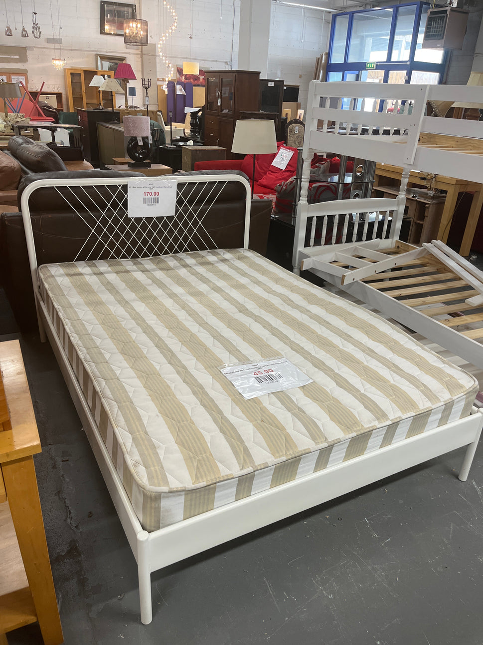 4ft 6 Ikea Nesttun white metal high headboard framed bed 3225