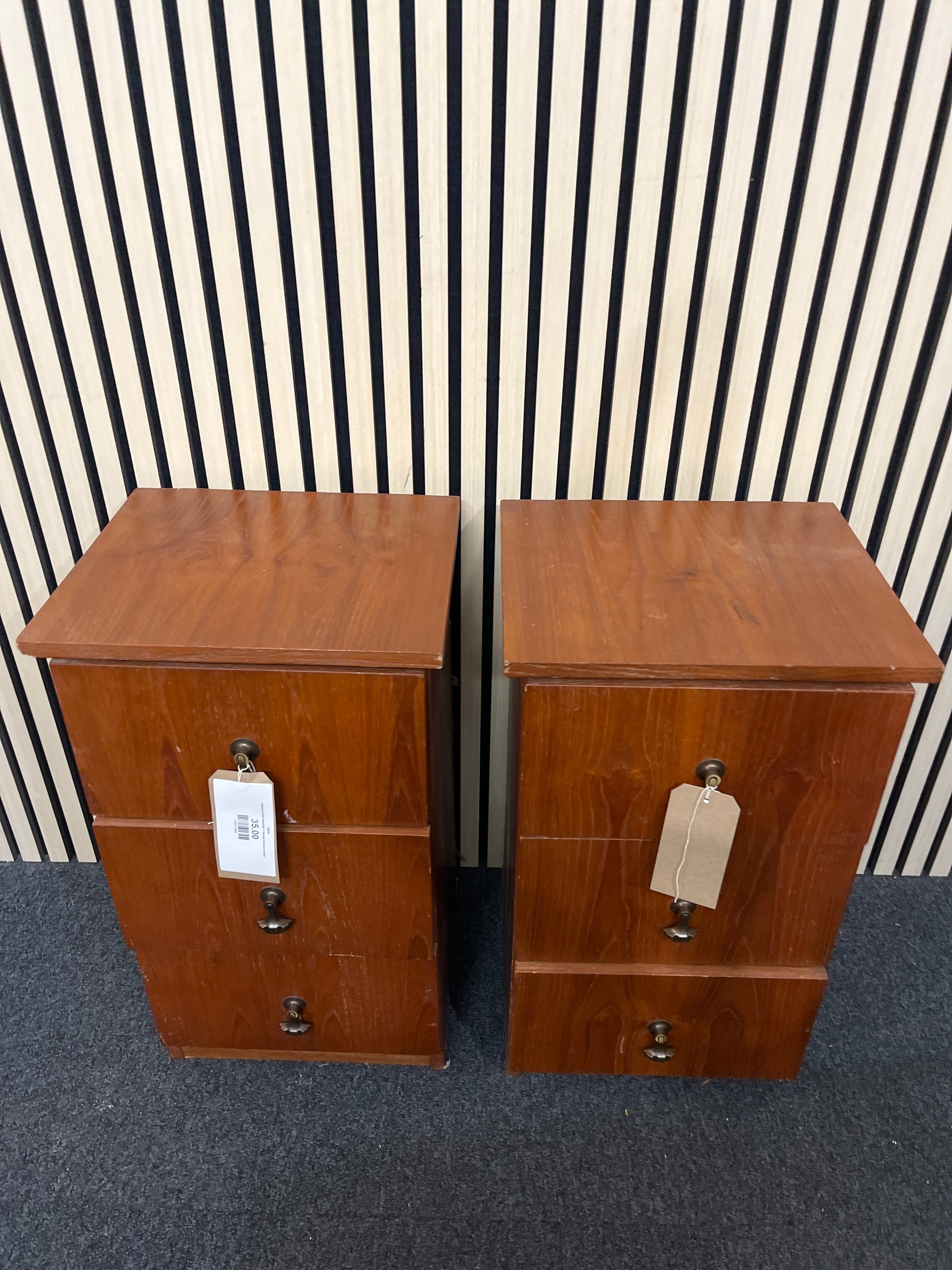 stained wood laminate 3 drawer bedside locker