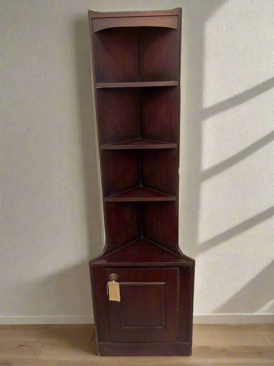 Tall mahogany corner what not with base door%A0 2125