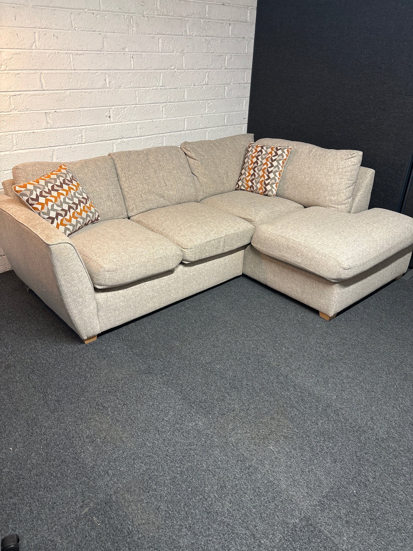 Large sectional oatmeal fabric corner sofa suite 2300L x 930D x 1600L on return section 2225