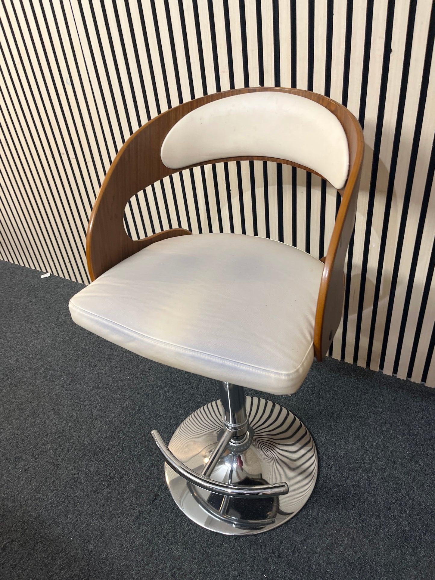 walnut curved back, chrome framed tall swivel bar stools 1226