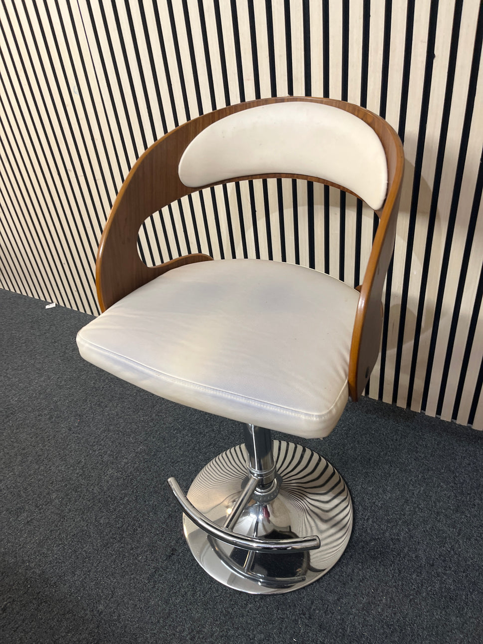 walnut curved back, chrome framed tall swivel bar stools 1226