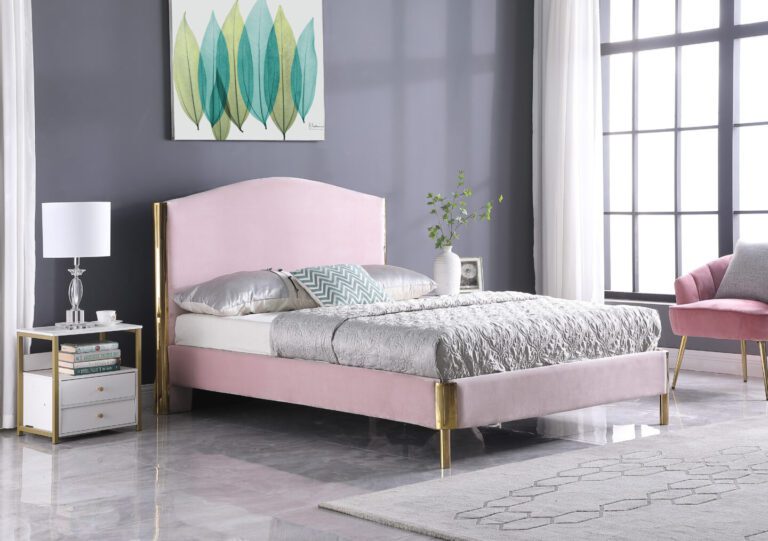 NEW Albee 4ft 6 pink fabric and  bronze frame high back bed frame