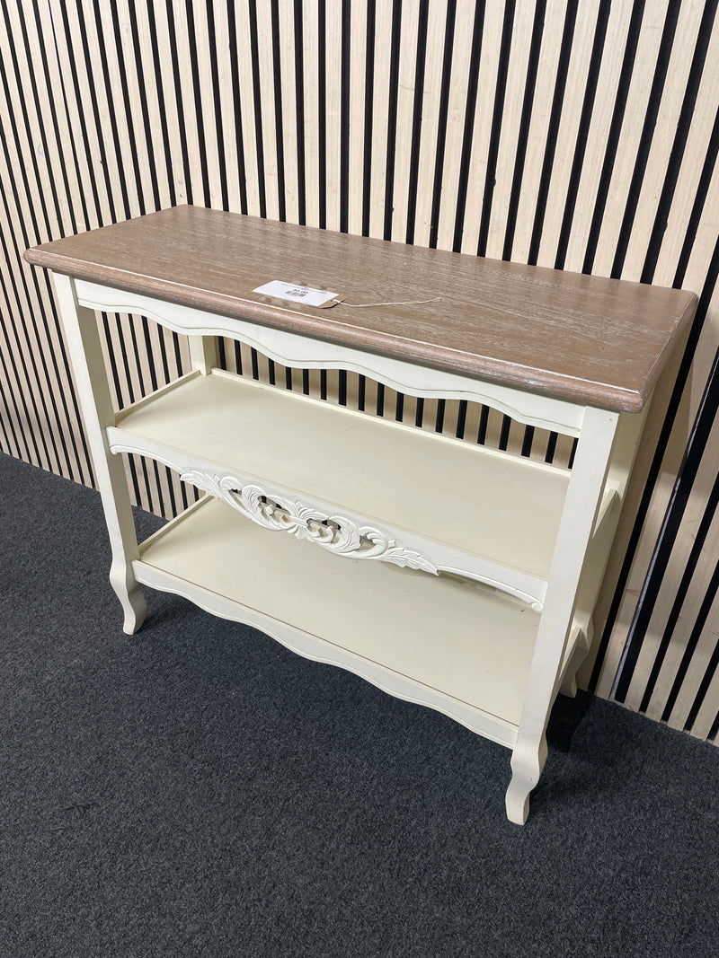 Shabby chic side table with wood top and carved details.  44516