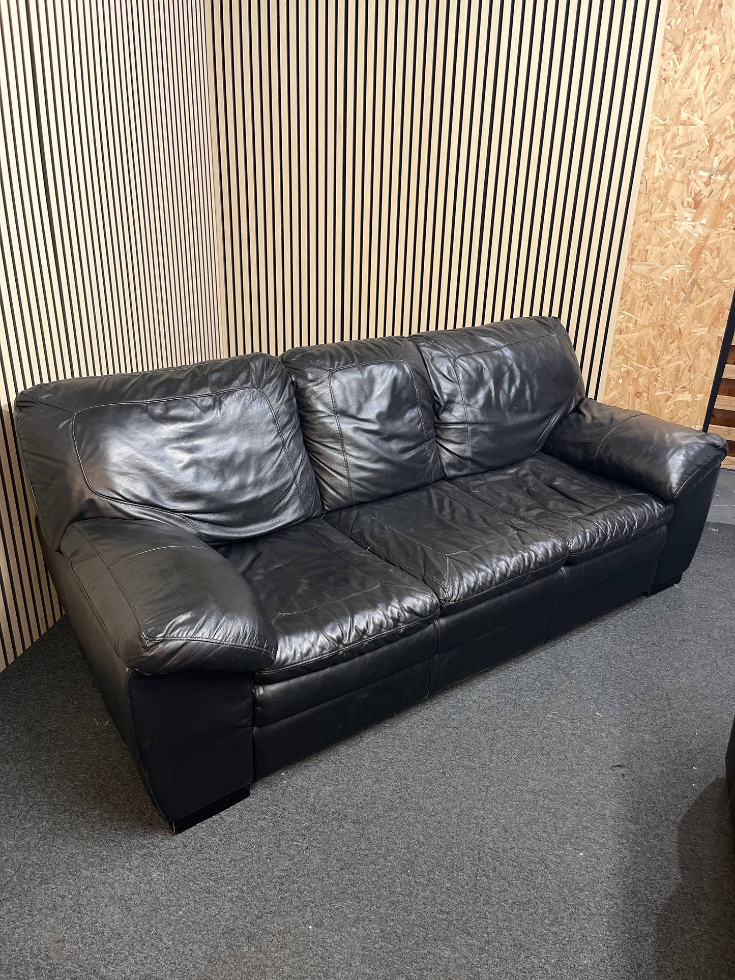 3 seater real black leather sofa