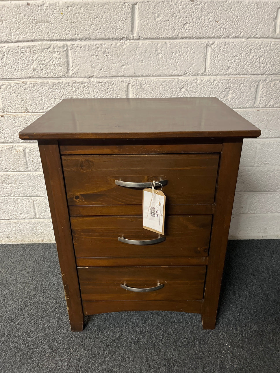 Dark wood stained 3 drawer bedside locker  1225