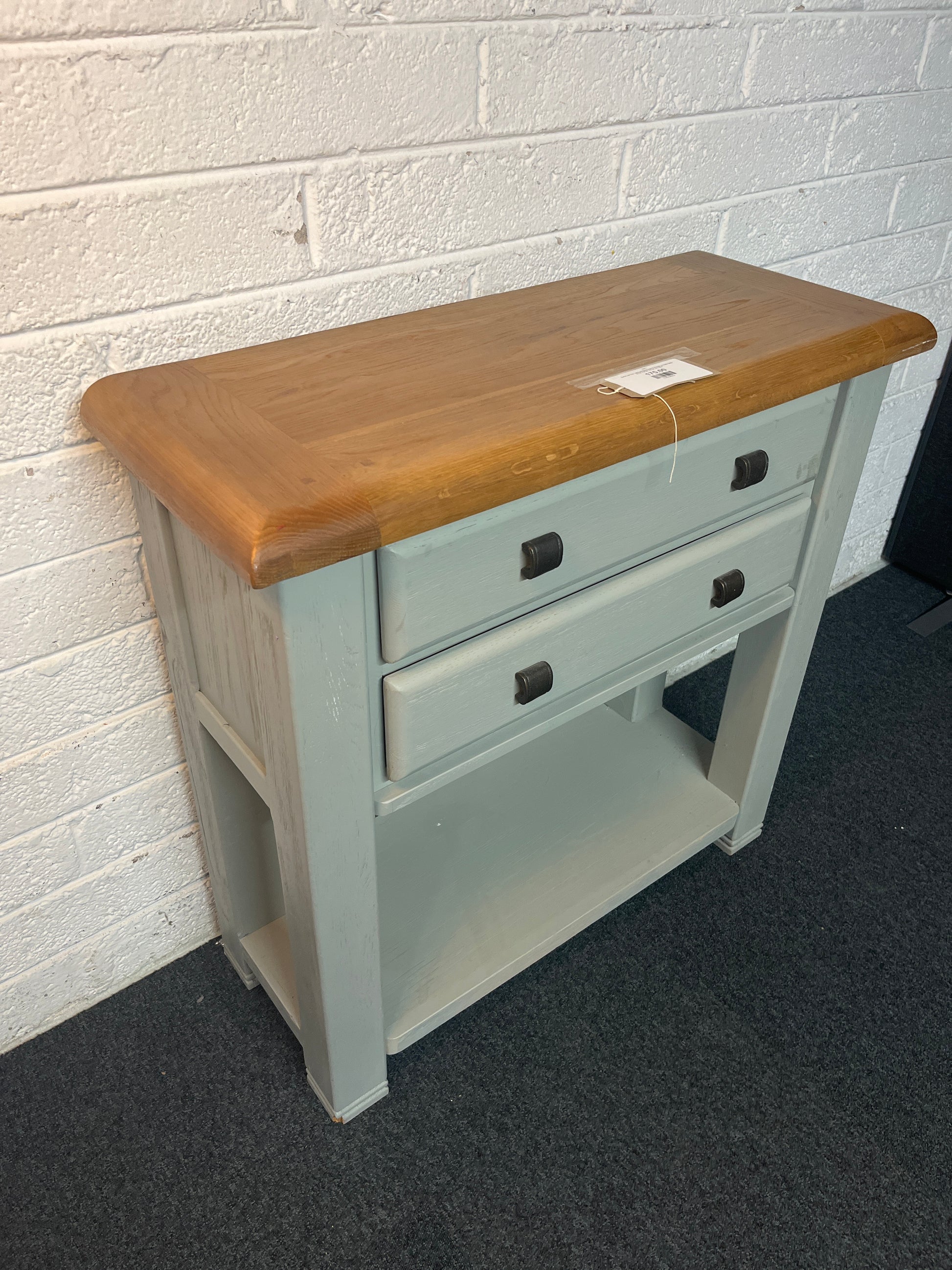 Solid oak top, grey painted frame 2 drawer console table (H 93 x W 90 x D 36 cm) 2225