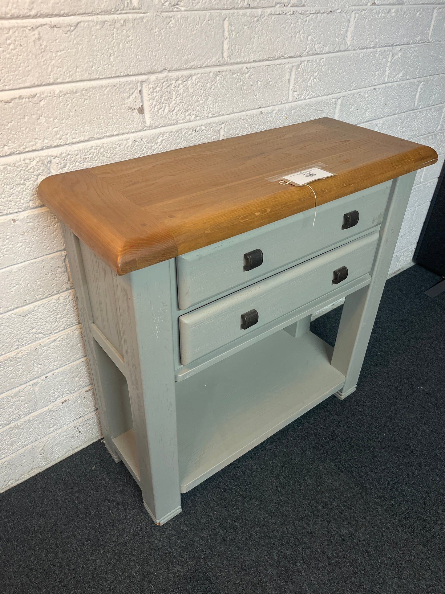 Solid oak top, grey painted frame 2 drawer console table (H 93 x W 90 x D 36 cm) 2225