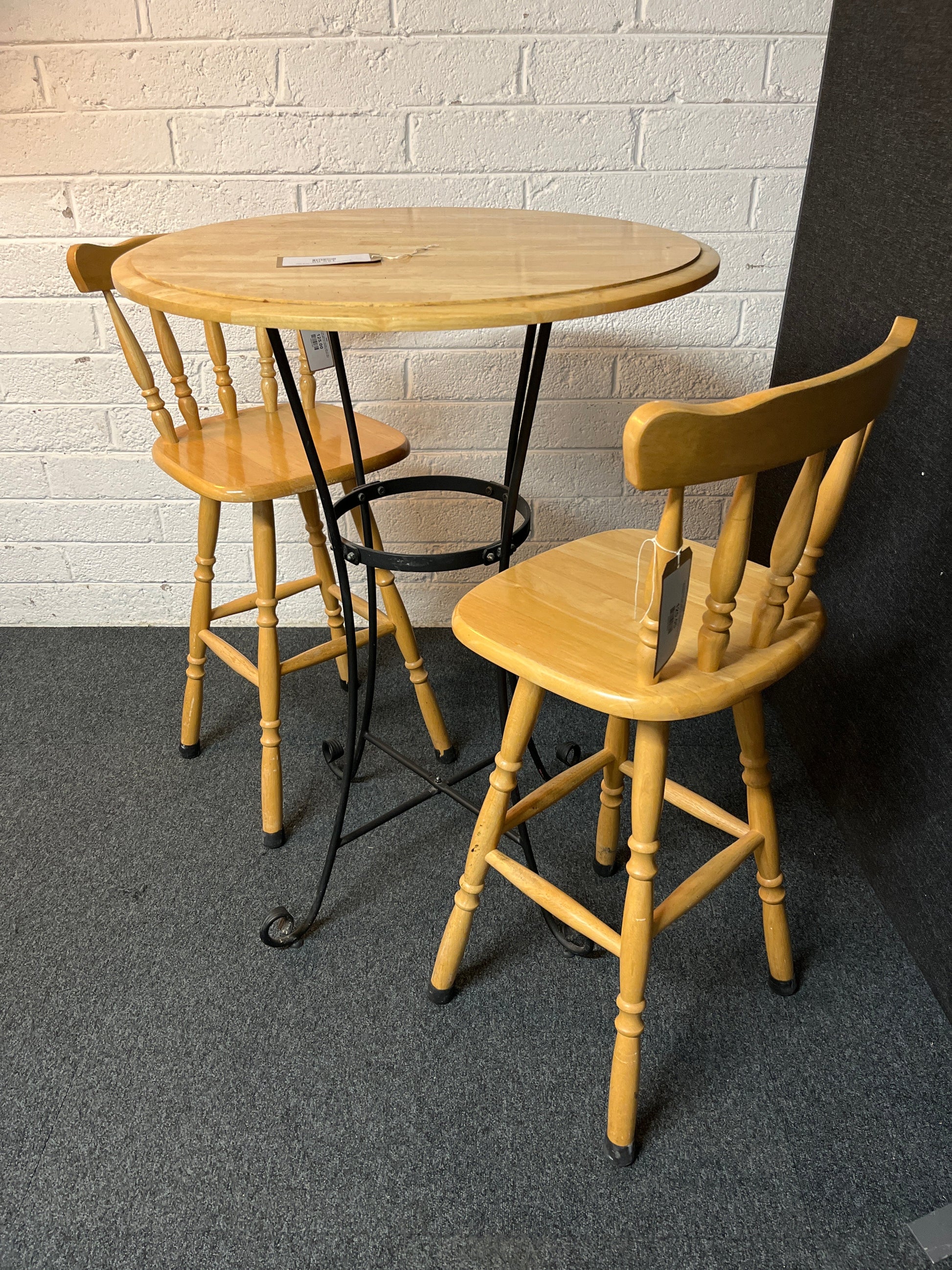 Tall Hardwood and cast iron circular table (H 106 x diameter 75 cm) with 2 no. matching stools 3225