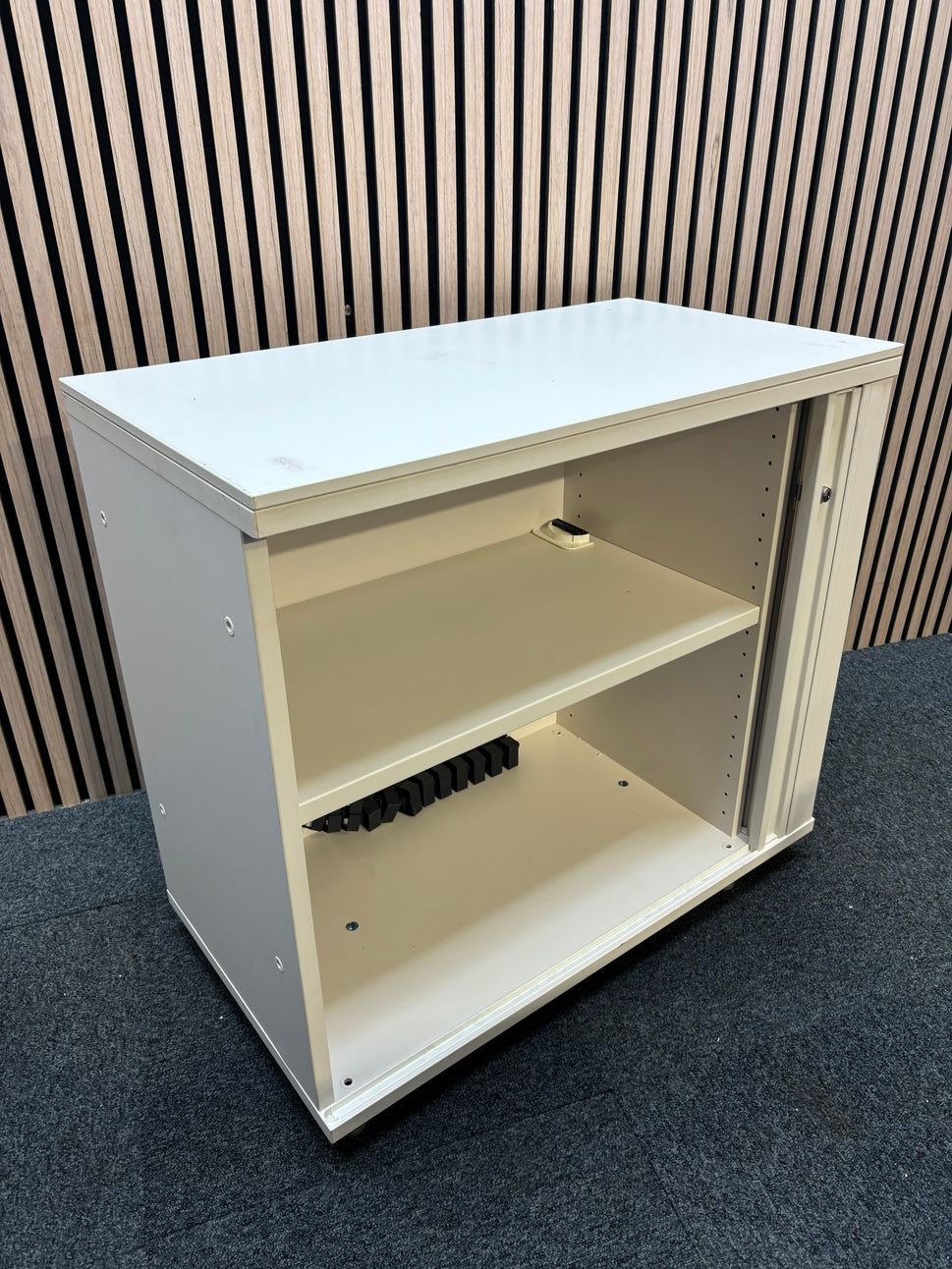 White wooden sliding door tambour unit with shelf (H 74 x W 80 x D 44 cm)