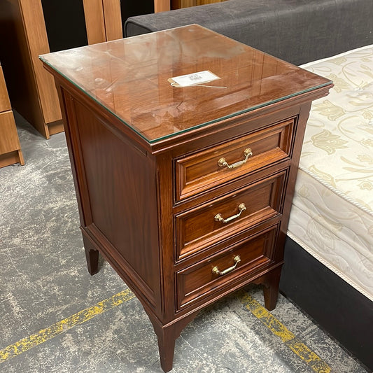 Solid mahogany 3 drawer bedside locker complete with glass top