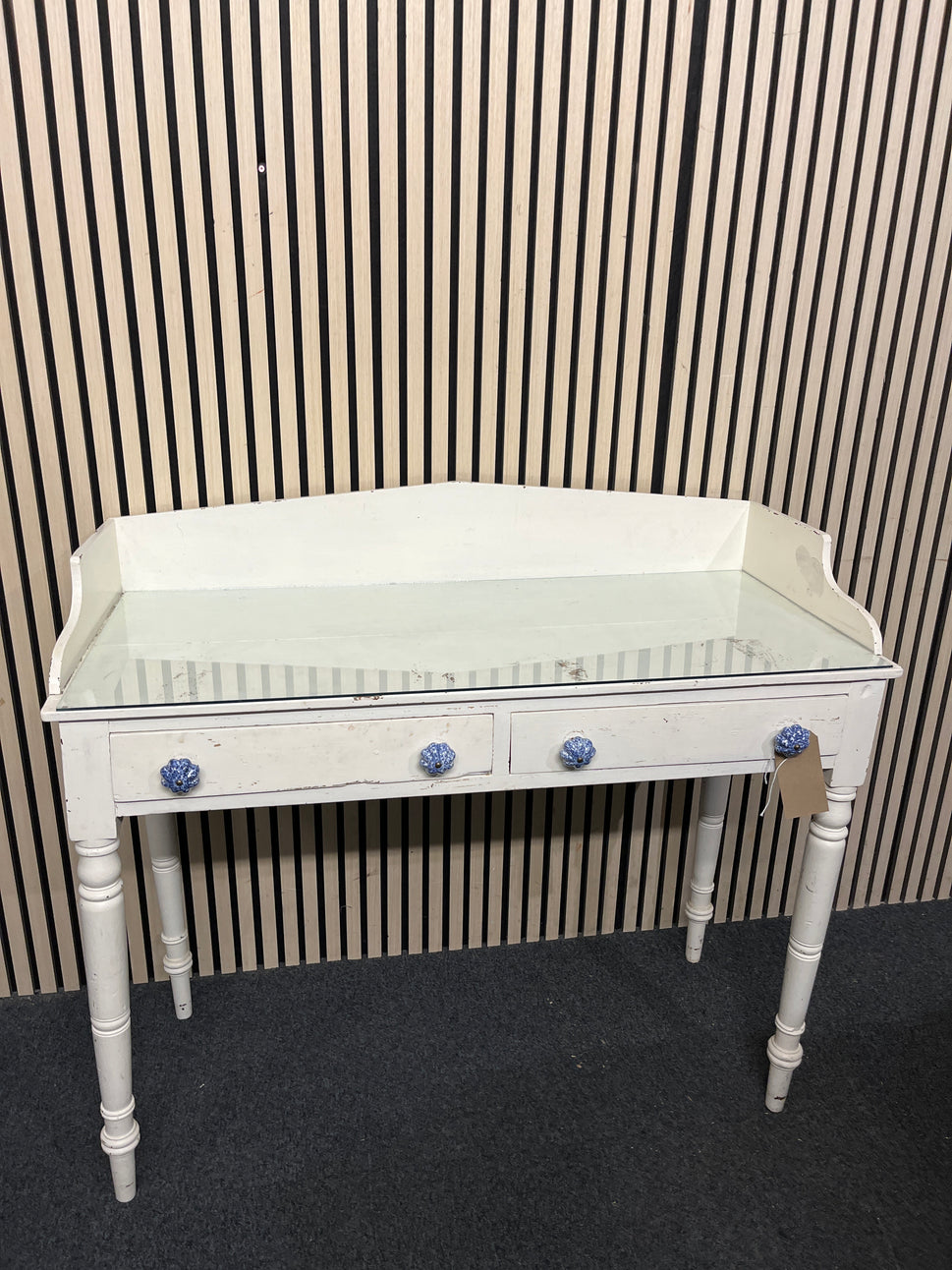Solid wood white painted 2 drawer bedroom dressing table with glass top (H 95 x W 108 x D 50 cm)  44294