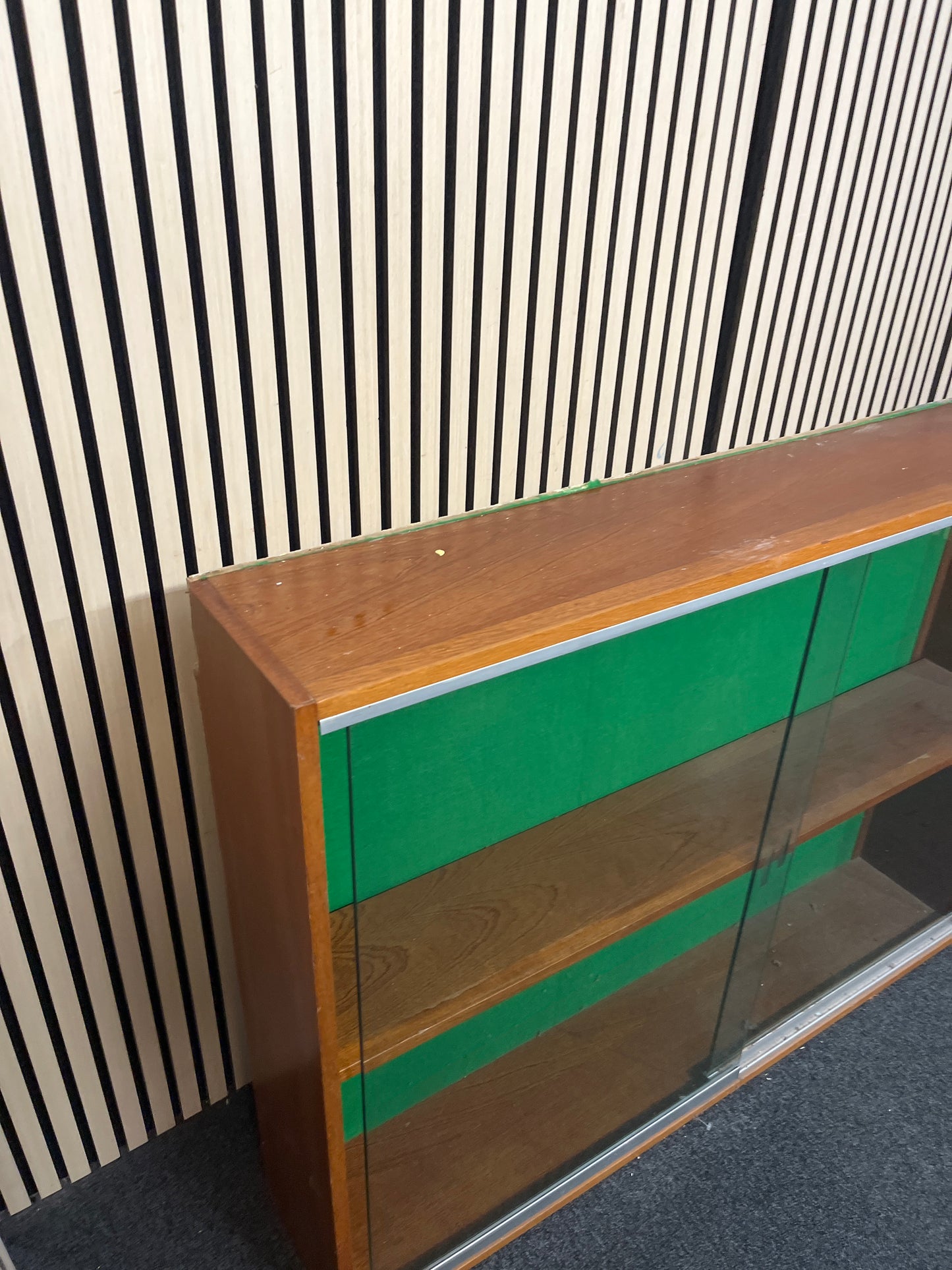 Large teak framed wall mounted glass display unit  (H 92 x W 234 x D 24 cm)