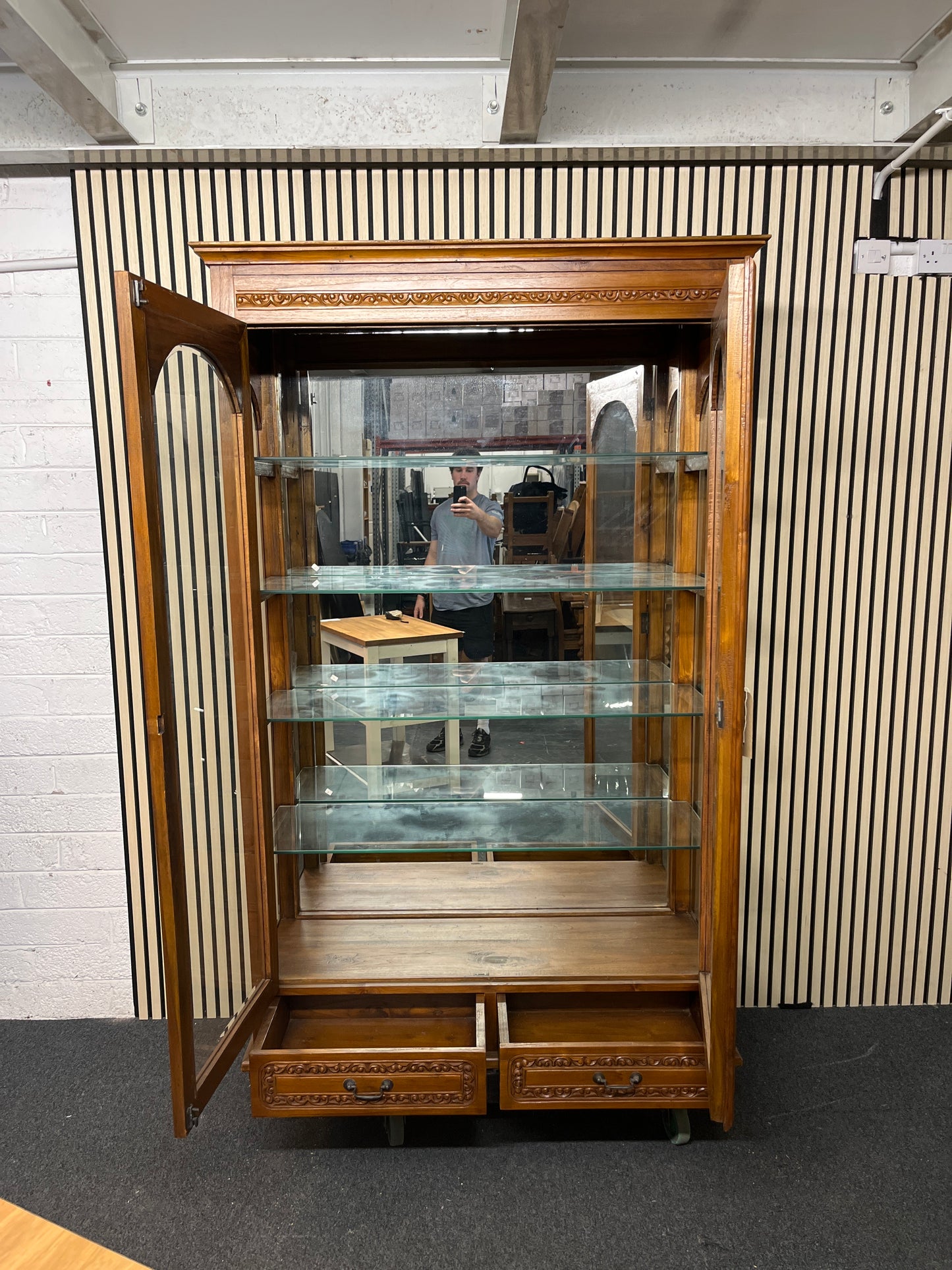 Solid dark wood carved details large 2 glass door 2 drawer display unit (H 200 x W 122 x D 45 cm) 1325