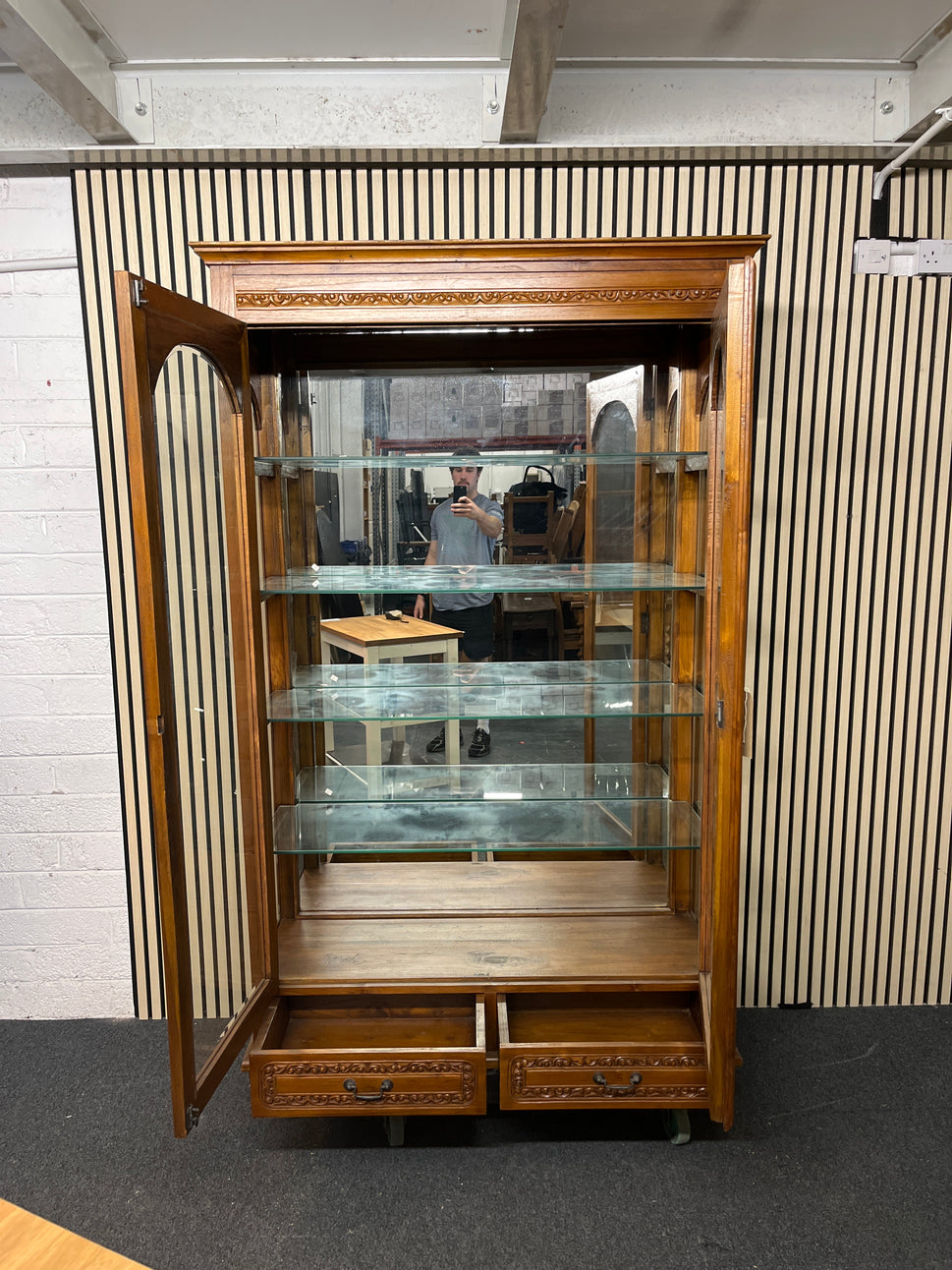 Solid dark wood carved details large 2 glass door 2 drawer display unit (H 200 x W 122 x D 45 cm) 1325