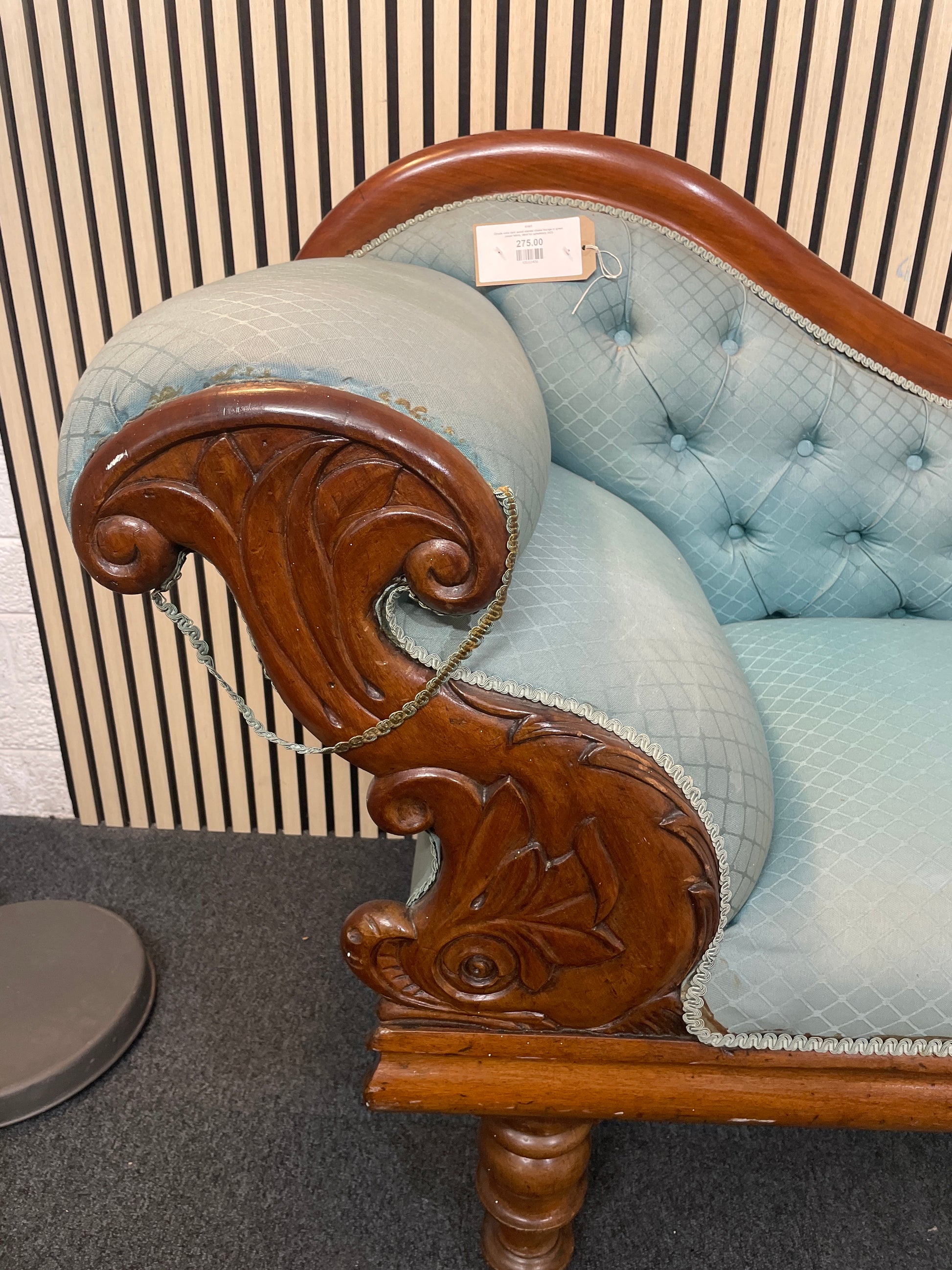 Ornate solid dark wood stained chaise lounge in green pastel fabric, ideal for upholstery 2425