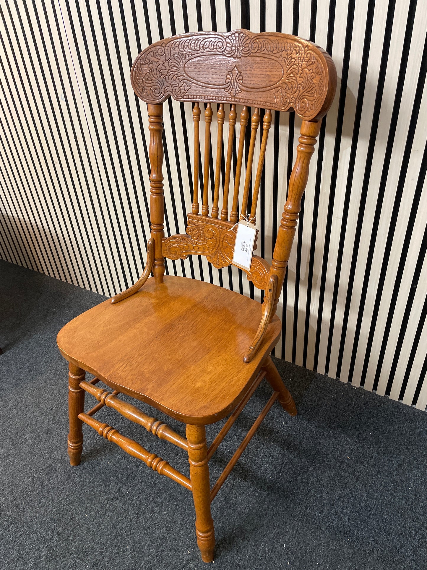 Ornate stained pine spindle back dining chair  1126