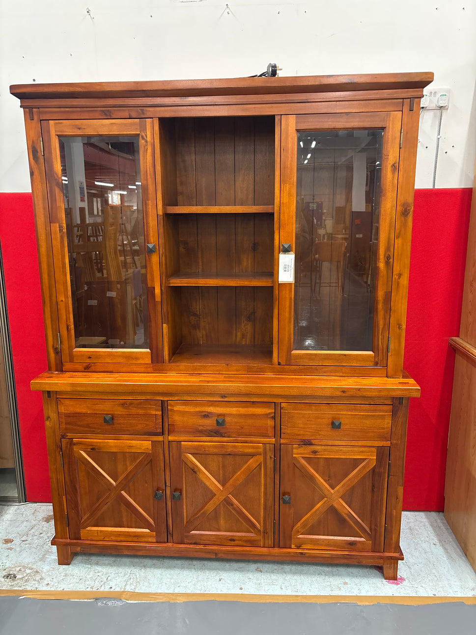 Tall solid dark wood stained 2 glass door 3 drawer glass display unit 2125