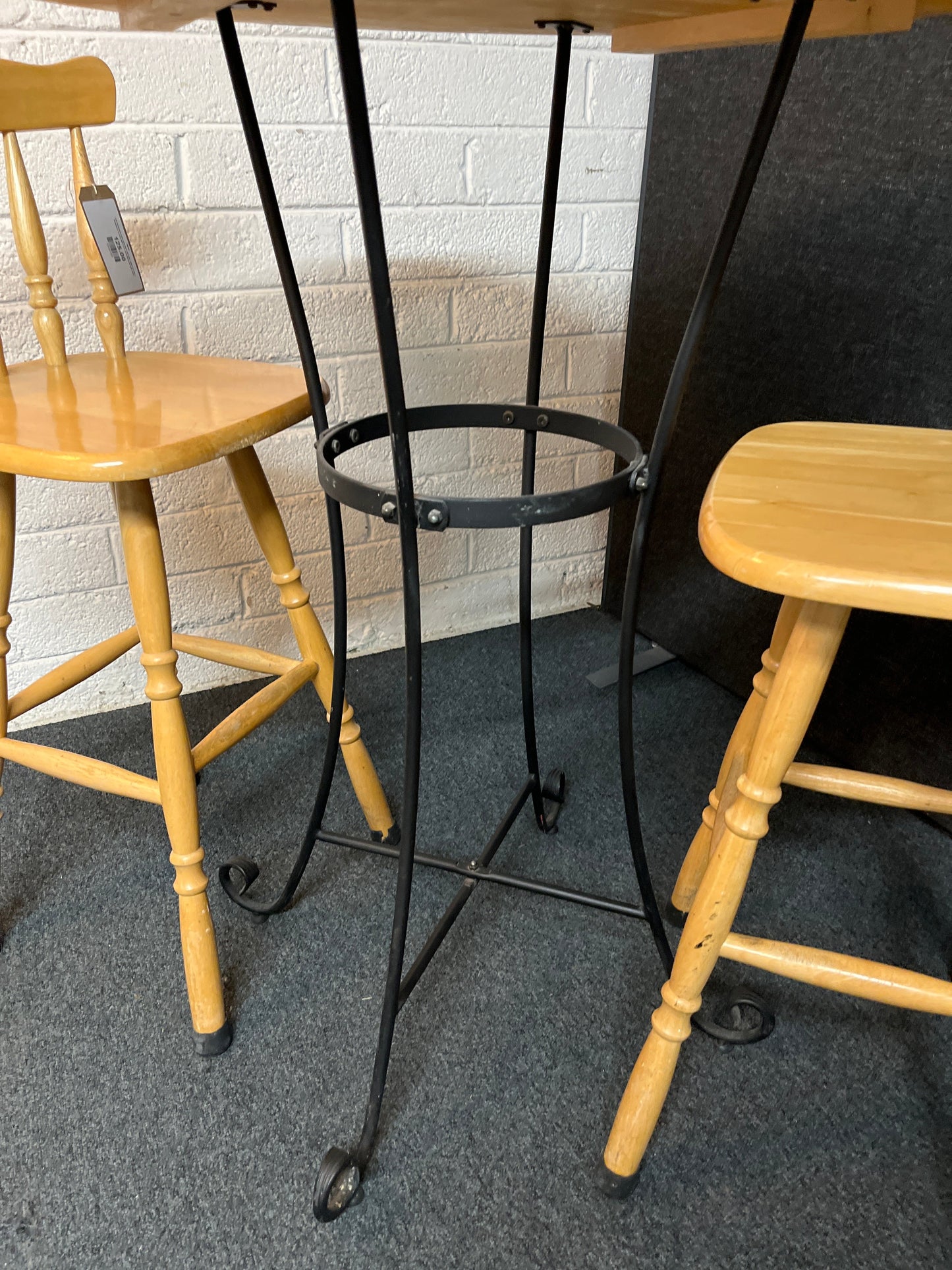 Tall Hardwood and cast iron circular table (H 106 x diameter 75 cm) with 2 no. matching stools 3225