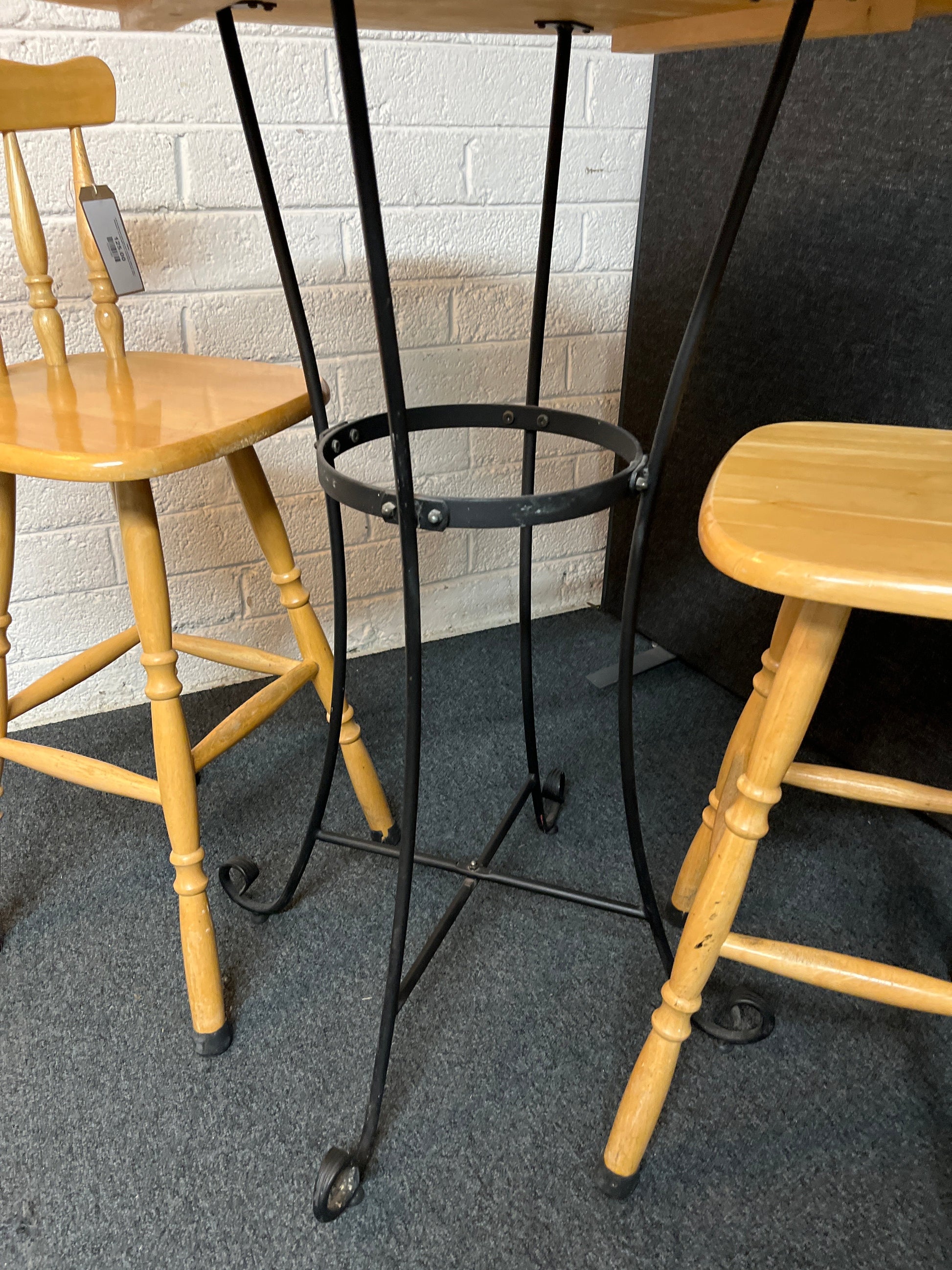 Tall Hardwood and cast iron circular table (H 106 x diameter 75 cm) with 2 no. matching stools 3225